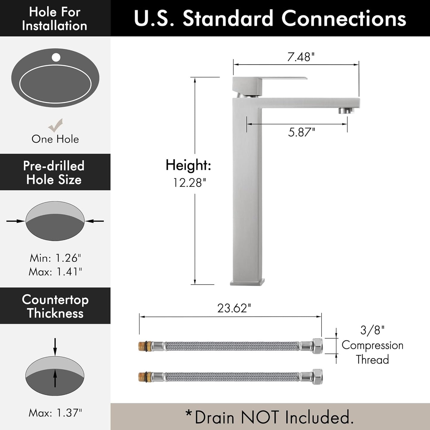 KES Tall Bathroom Faucet Vessel Sink Faucet Single Hole, Brushed Stainless Steel Faucet, cUPC NSF Certified, L3156BLFF12-BS
