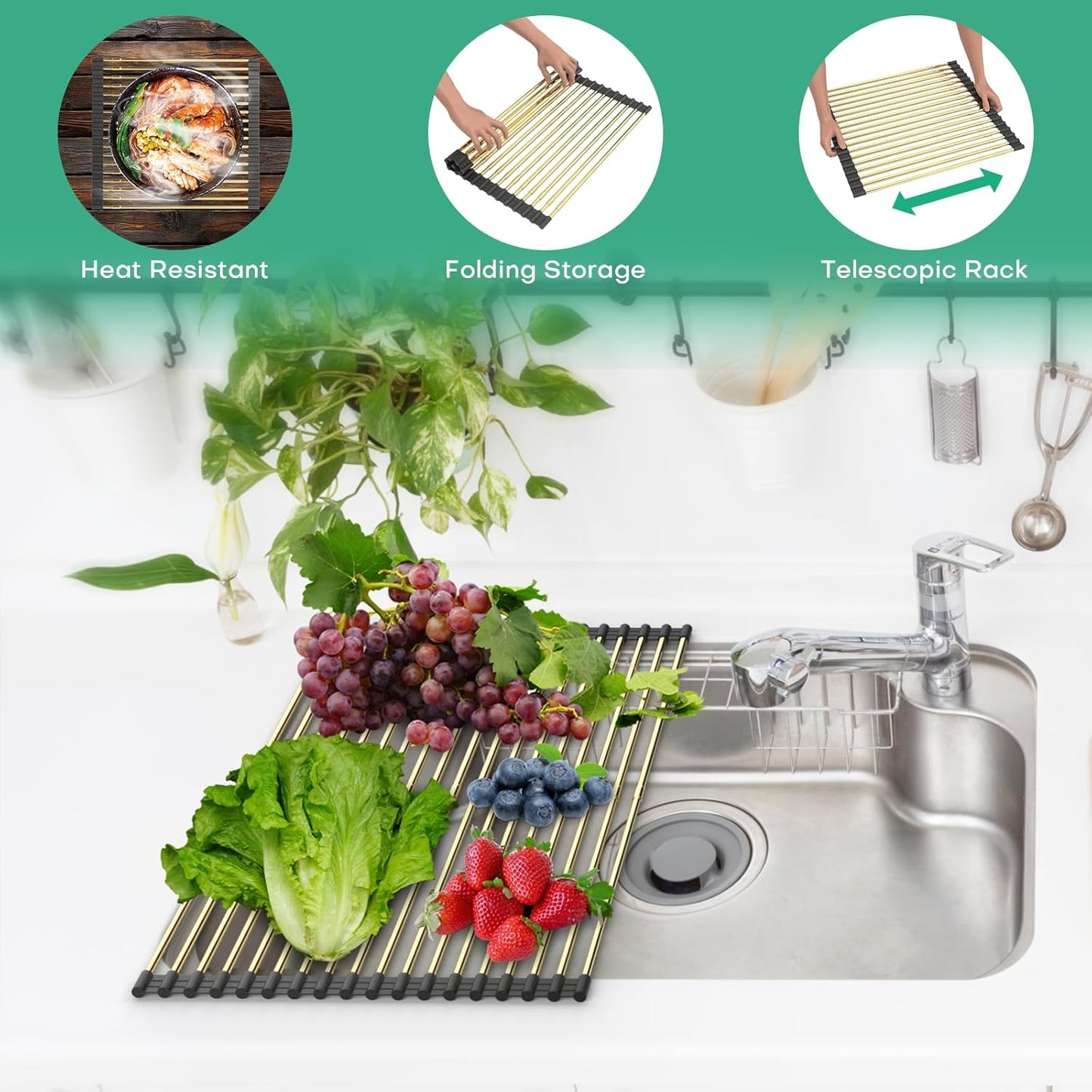 Expandable Large Draining Rack, Roll Up Heat-Resistant Dish Drainer for Stainless Steel Sinks, Collapsible Over The Sink Rack Non-Slip Silicone Rolling Up Rack Gold 18 Tube