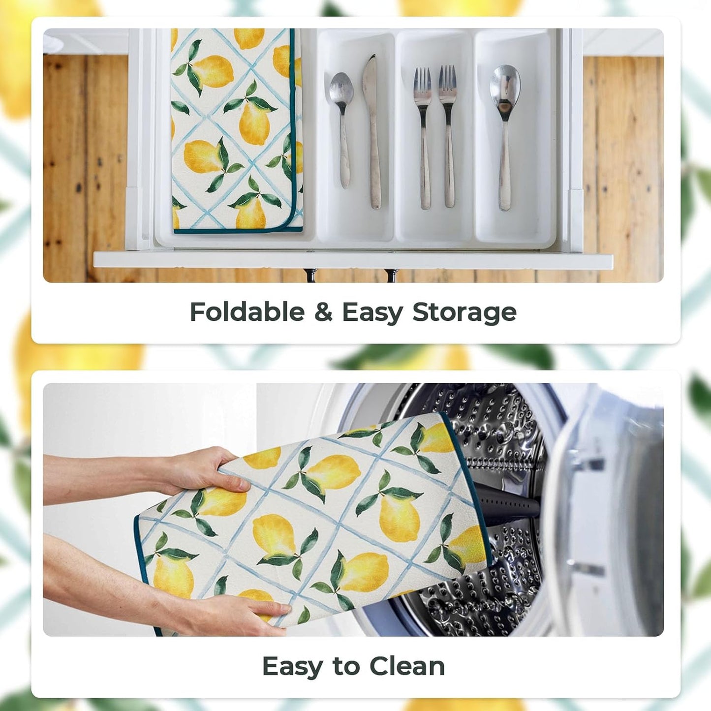 FRESHMINT Printed Dish Drying Mat for Kitchen Counter 2 Pack Absorbent Reversible Drying Mats Microfiber Kitchen Drying Mat, Extra Large Dishes Drainer Mats (18"x16", Lemon)