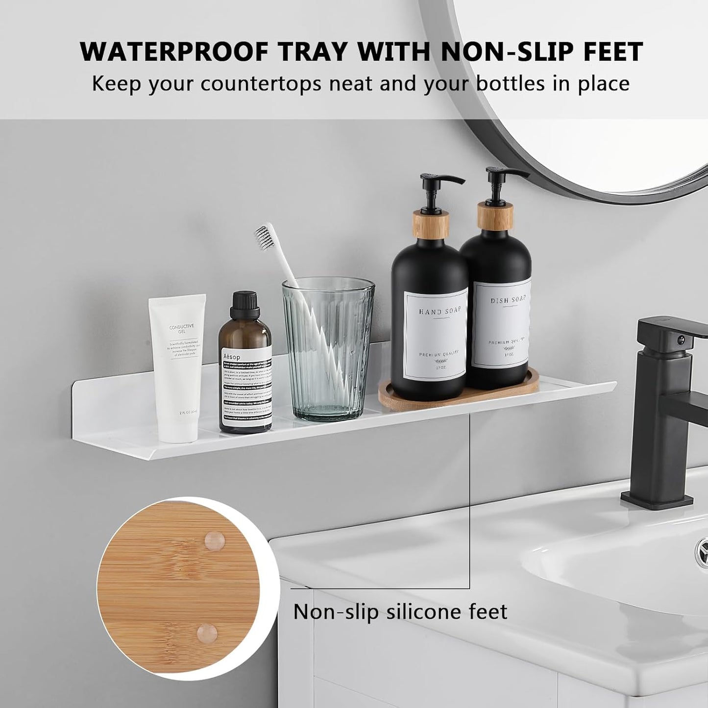 Black Glass Soap Dispenser - Hand Dish Soap Dispenser Set for Kitchen with Sturdy Pump and Tray, 14 Waterproof Labels, Bathroom Refillable Soap Lotion Dispenser-Black