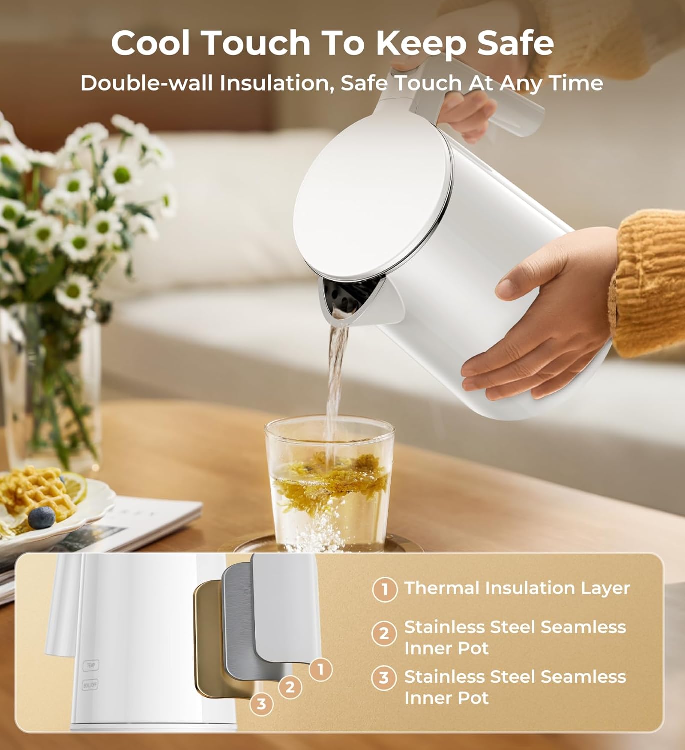 Electric Kettle, 1.0L 1200W Fast Heat with Auto Shut-Off, Boil-Dry Proof, 7 Temperature Control Teapot, Double Wall Stainless Steel Water Boiler Heater, 4H Keep Warm, Cool Touch Coffee Tea Pot, White