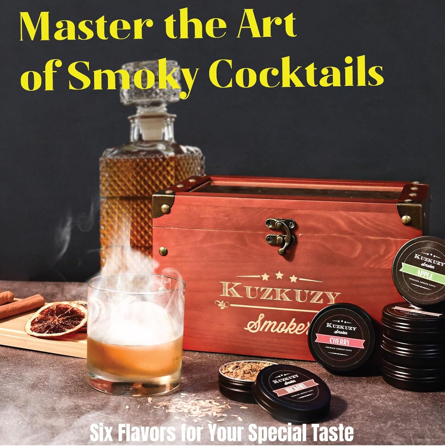 Cocktail Smoker Kit - Whiskey Smoker Kit with Smoking Gun, Smoker Box, 6 Flavors Wood Chips with Whiskey Stones & Ice Mold - Bourbon Old Fashioned Smoker Kit, Gifts for Men, Dad (Torch Not Required)