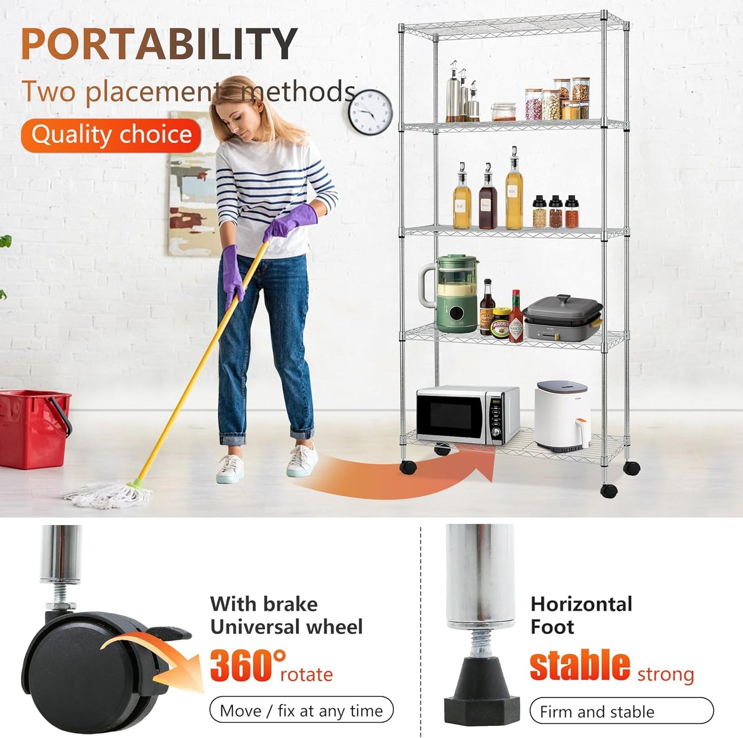 FDW Adjustable Storage Rack Wire Shelf with Wheels - 5 Tier Metal Shelves for Small Spaces - Easy Assembly, Chrome