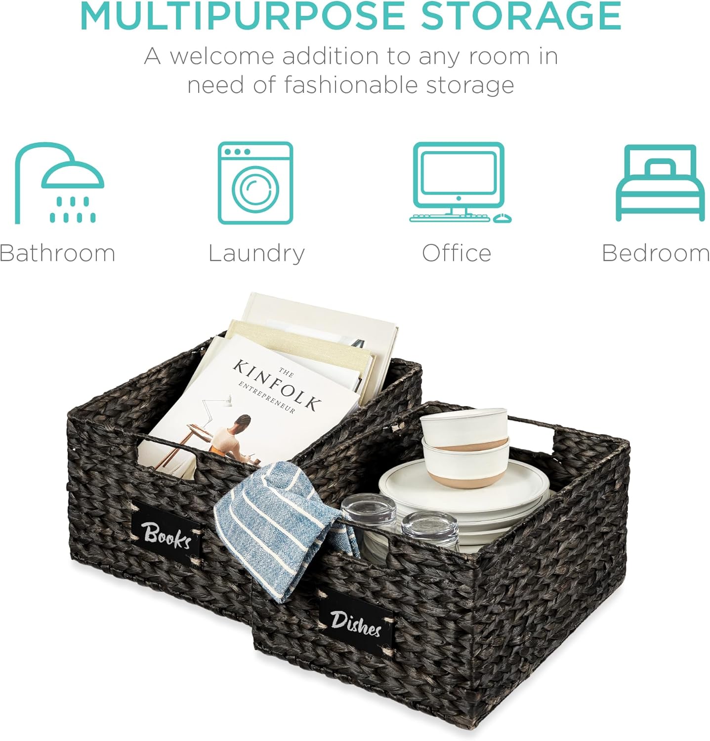 Best Choice Products Pantry Baskets Set of 2 16x12in Water Hyacinth Storage Baskets, Woven Wicker Kitchen Organizers with handles w/Chalkboard Label Chalk Marker - Black