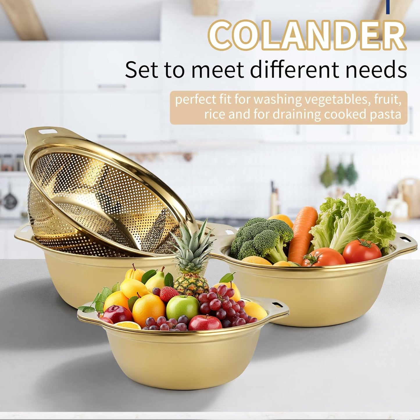 Colander 304 Stainless Steel 4-quart with Mixing Bowls, Strainer for Kitchen Food For washing vegetables, fruit, rice, Dishwasher Safe. (Gold 2PC)