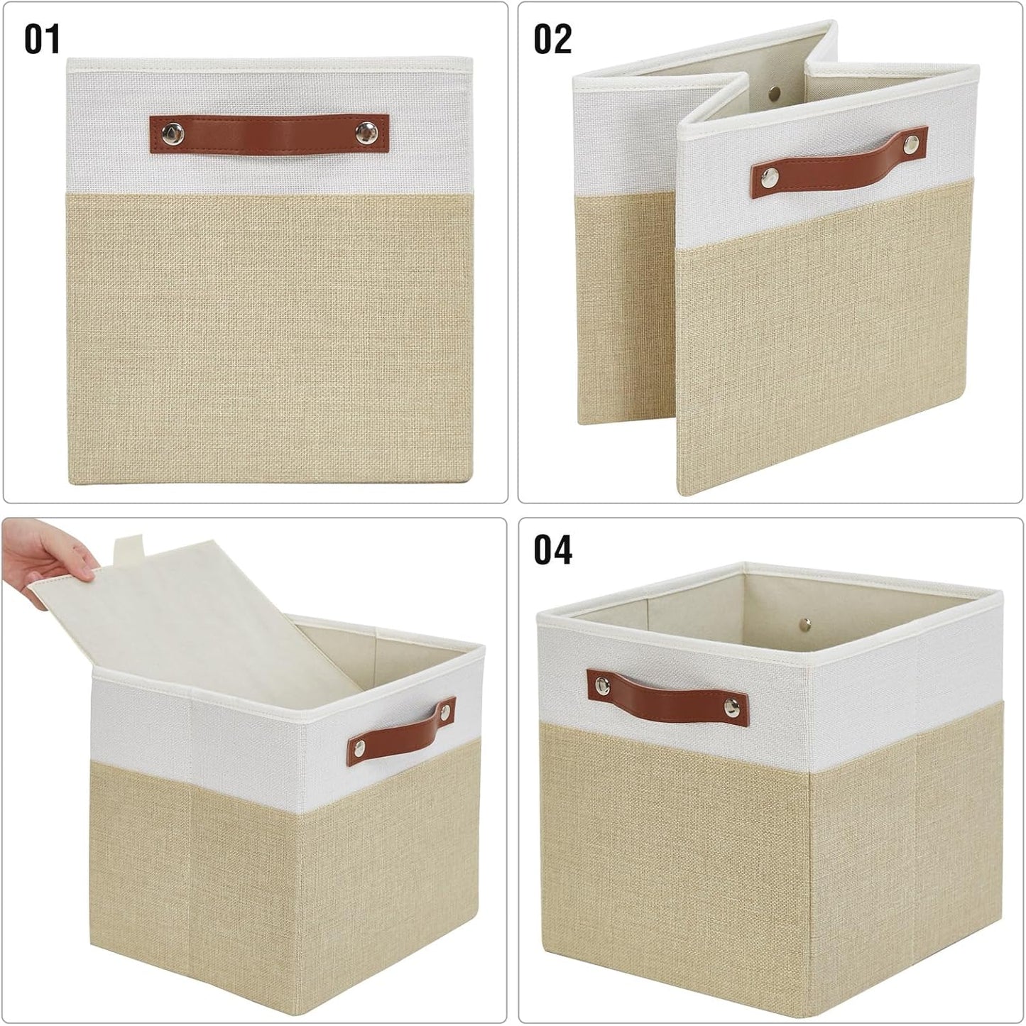 Collapsible Fabric Storage Cube Bins with 2 Reinforced PU Handles, Foldable Storage Organizer Baskets for Closet, Shelves, Living Room | 11"x11"x11", 4 Pack, Beige & White