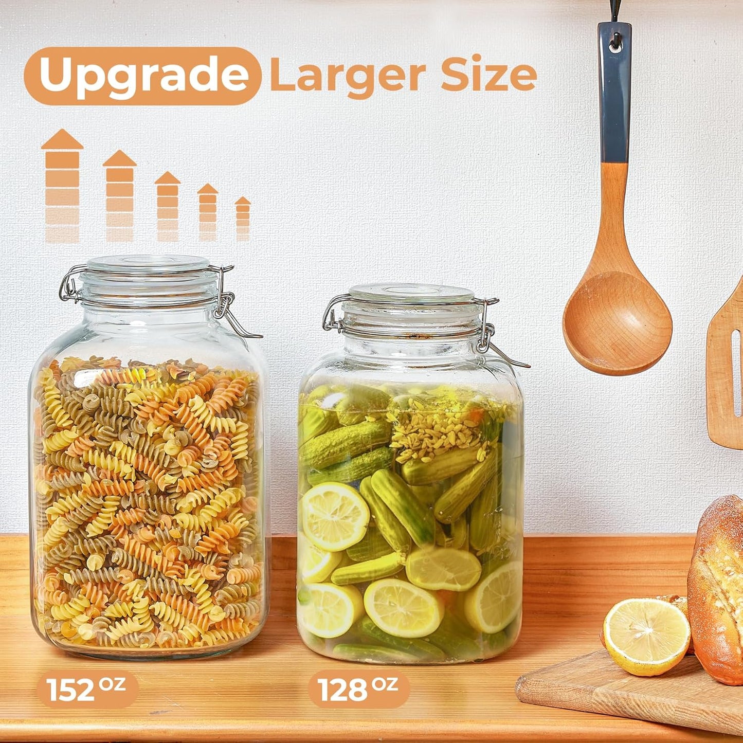 ComSaf Rice Container 152oz, Flour Sugar Storage Containers, Glass Jars with Airtight Lid, 1.17 Gallon Mason Jar, Large Storage Containers with Lids for Pickled Egg, Pasta, Cereal, Beans, Set of 2