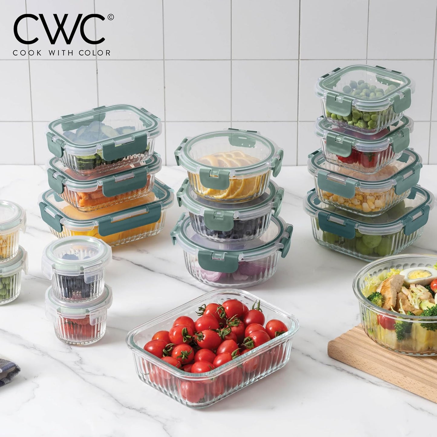 COOK WITH COLOR Premium 32-Pc. Borosilicate Glass Food Container Set with Dividers - 4 Rectangles, 8 Rounds, 4 Squares - Leakproof Lids - Meal Prep, Storage, Fluted Ombre Green
