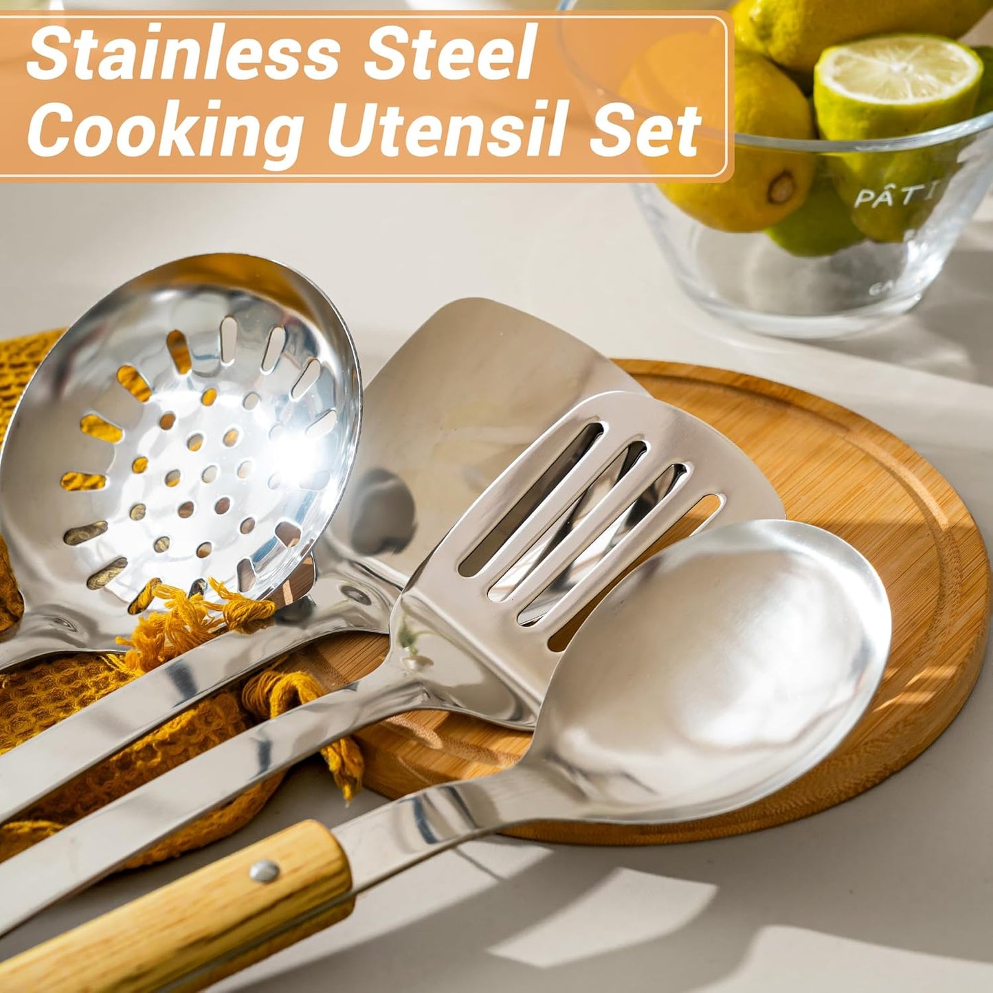 FJNATINH Cooking Utensils - Spatula, Ladle, Skimmer Spoon, Slotted Spatula - 4 Pieces Stainless Steel Wok Utensils Set for Carbon Steel