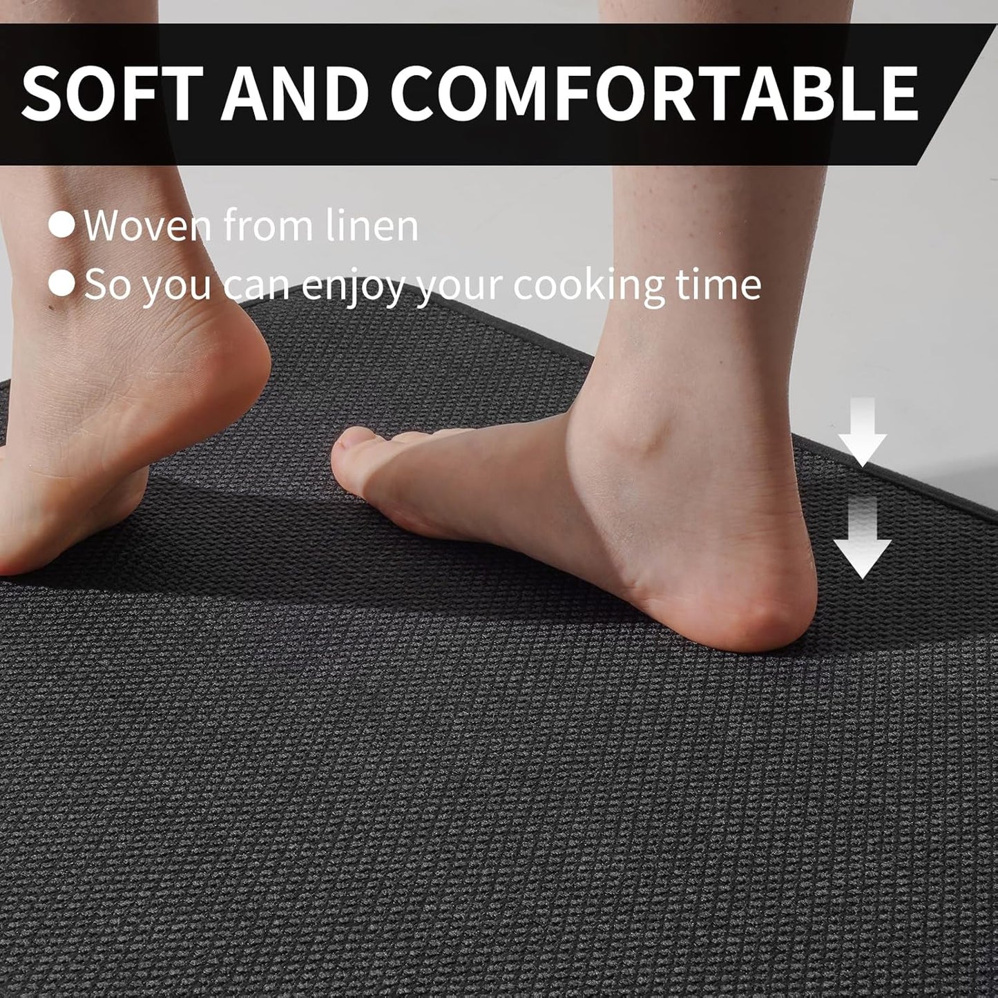 Kitchen Mats for Floor, Super Absorbent Kitchen Rugs Non Slip Washable, Soft Imitation Linen Braided Kitchen Runner Rug, Standing Mat Kitchens Sink Mat, Easy to Clean, Black 17x95