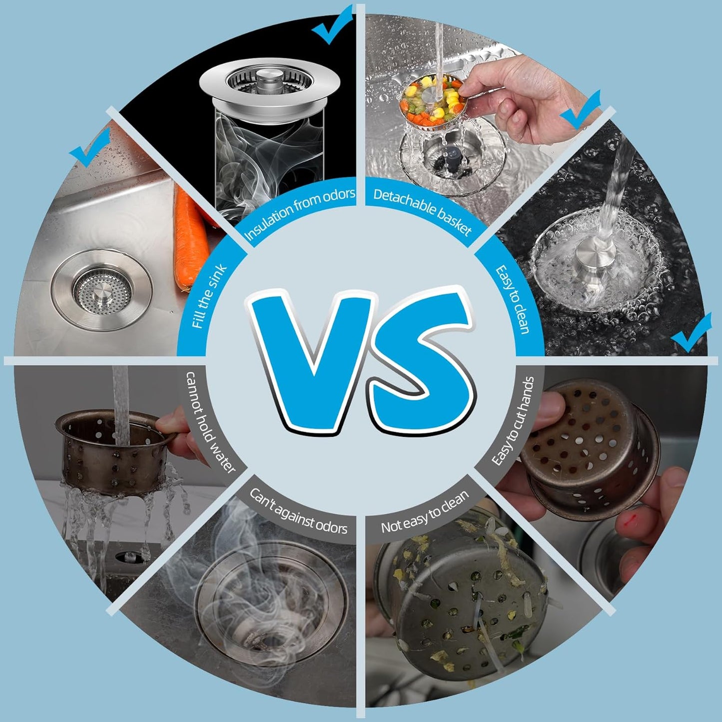 Hibbent All Metal Stainless Steel 3 in 1 Kitchen Sink Drain Strainer, Upgraded Anti-Rust Sink Stop Combo, 3 Anti-Clogging Stainless Steel Baskets with Metal Handle for US Standard 3-1/2" Drain