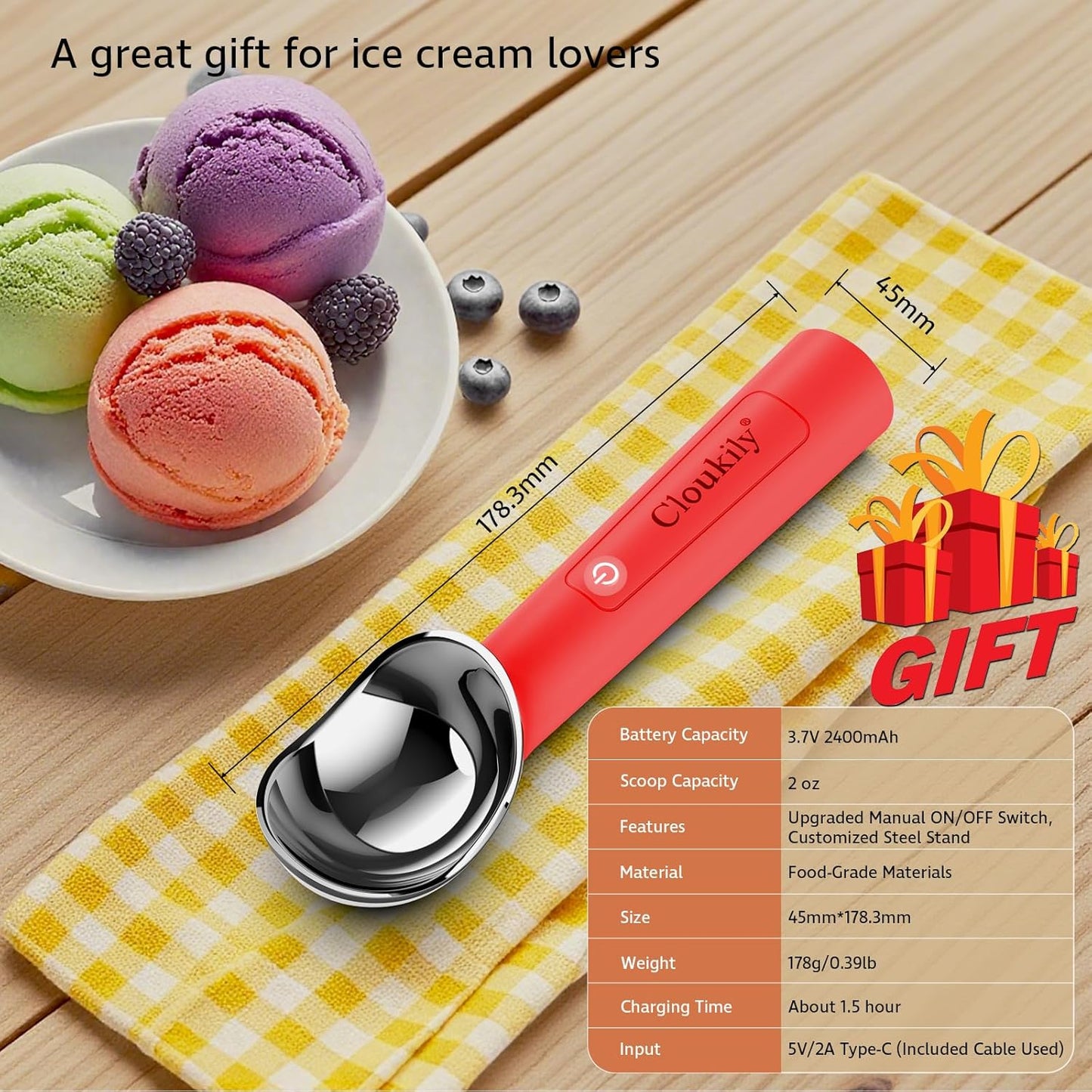 Heated Ice Cream Scoop with Holder(Newest Gen 3.0): USB Rechargeable Electric Icecream Scooper with Manual On/Off Switch,2025 Kitchen Gadgets for Hard Ice Cream, Waterproof IP67,Max to 158℉