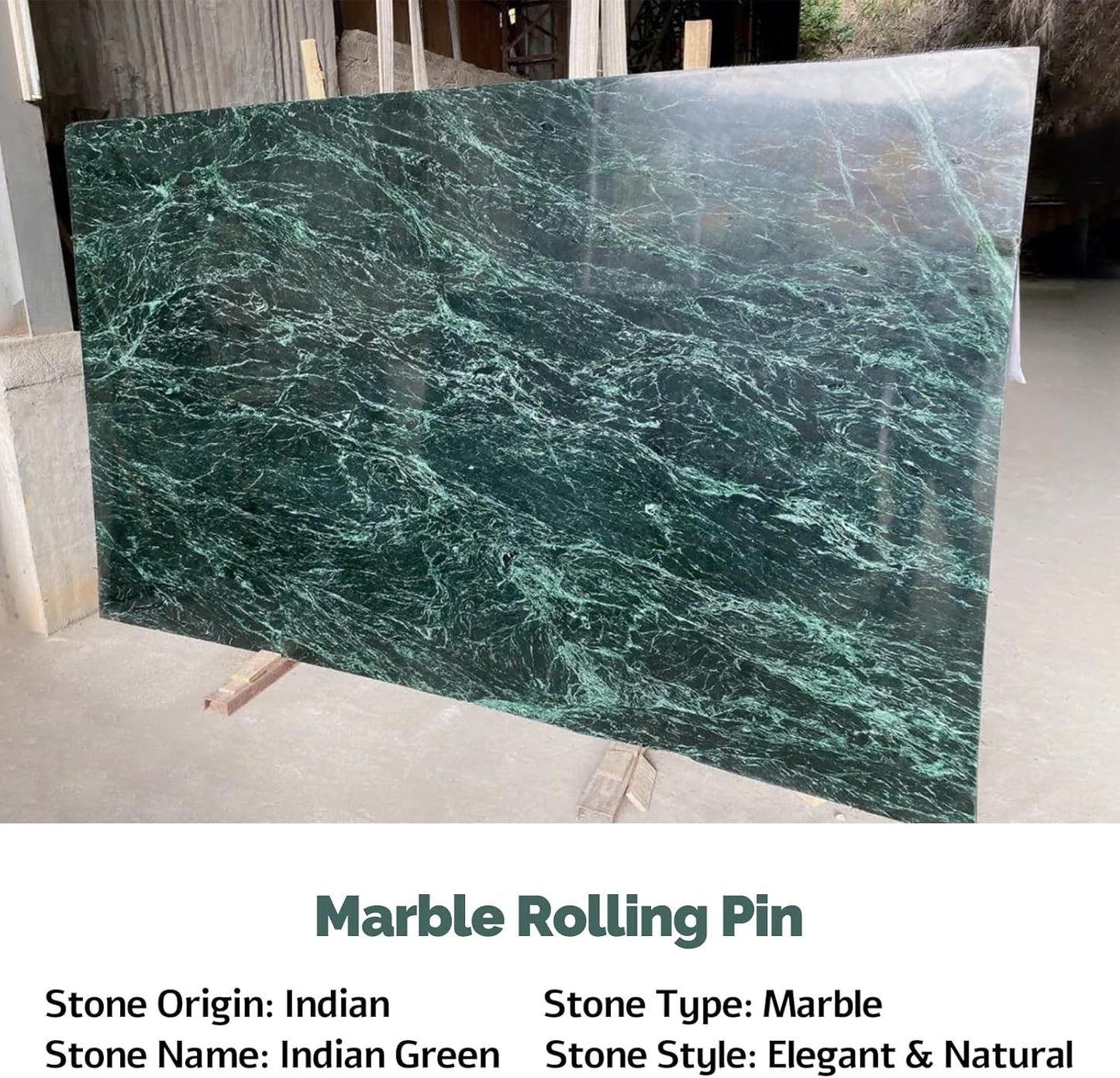 Koville Indian Natural Marble Rolling Pin, Non-Stick Polished Dough Roller, Pasta, Dumpling, Fondant, Pie Crust, Bread, Pizza Dough, Kitchen Baking Pastry Tools with Mat/Scraper(Indian Green)