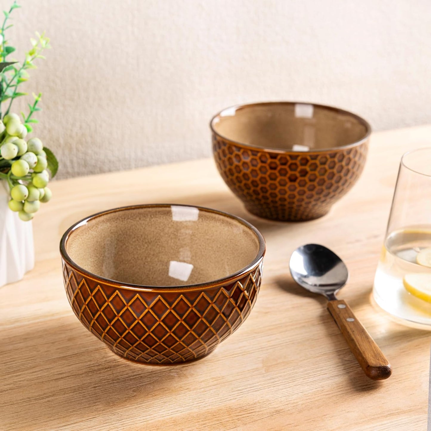 GBHOME Stoneware Cereal Bowls Set of 4, 24 oz Ceramic Soup Bowls with Texture Patterns for Soup,Oatmeal,Snack Perfect for Wedding, House-warming Gift - Caramel