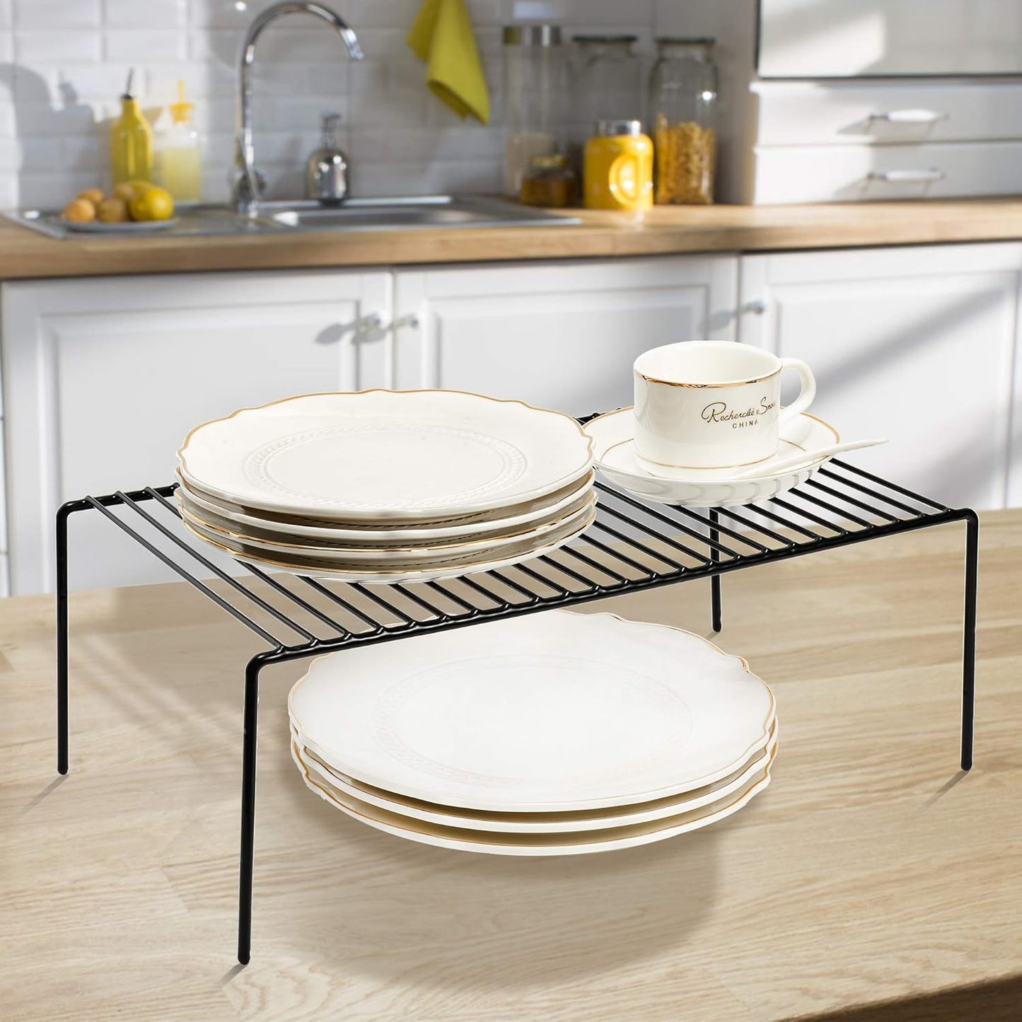 iPEGTOP Set of 6 Large (15.7 x 9.4 Inch) Kitchen Cupboard Organiser, Freezer Cabinet Storage Metal Shelf Wire Rack, Rustproof Steel Shelves for Fridge Pantries Countertops Utensils, Black