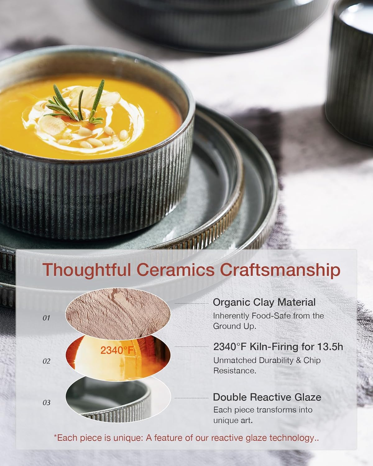 Famiware Star Dinnerware Set, Plates and Bowls Sets for 8 (24pcs), Ribbed Stoneware Dishes - Chip & Scratch Resistant, Microwave & Dishwasher Safe, Deep Forest