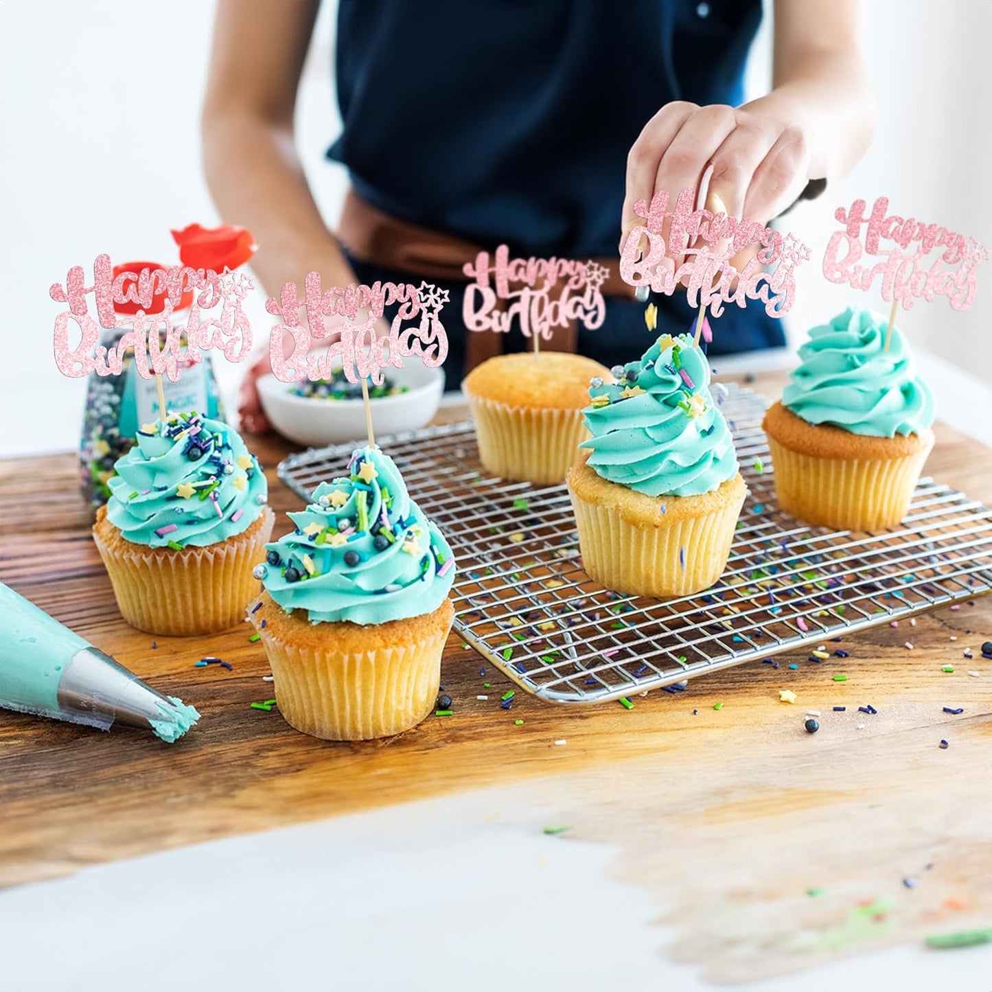 Ephlyn 24Pcs Pink Light Pink Happy Birthday Cupcake Toppers for Baby Shower, Kids Boys Girls Birthday Anniversary Party Cake Decorations