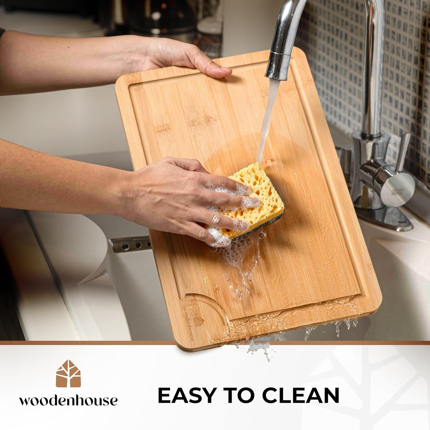 Bamboo Cutting Board Set of 3 - Thick & Durable Wood Cutting Boards with Deep Juice Grooves & Build-in Handles, Large Surface, Easy to Clean – for Meat, Vegetables and Fruits