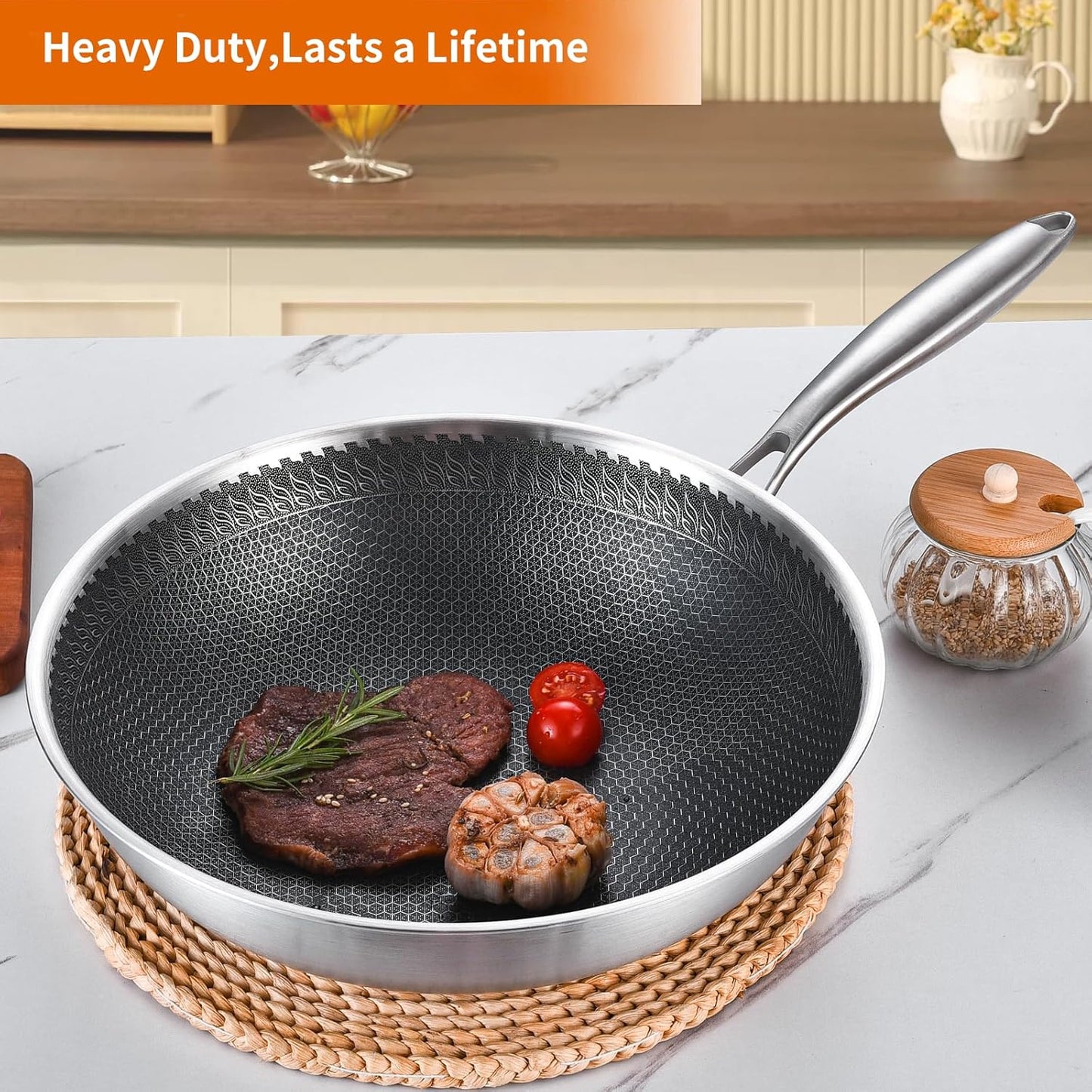 DELARLO 12" Nonstick Wok Pan With Lid, Tri-Ply Stainless Steel Saute Pan with Lids, 600℉, 5QT Deep Frying pan, Induction Wok Nonstick,Woks & Stir-Fry Pans