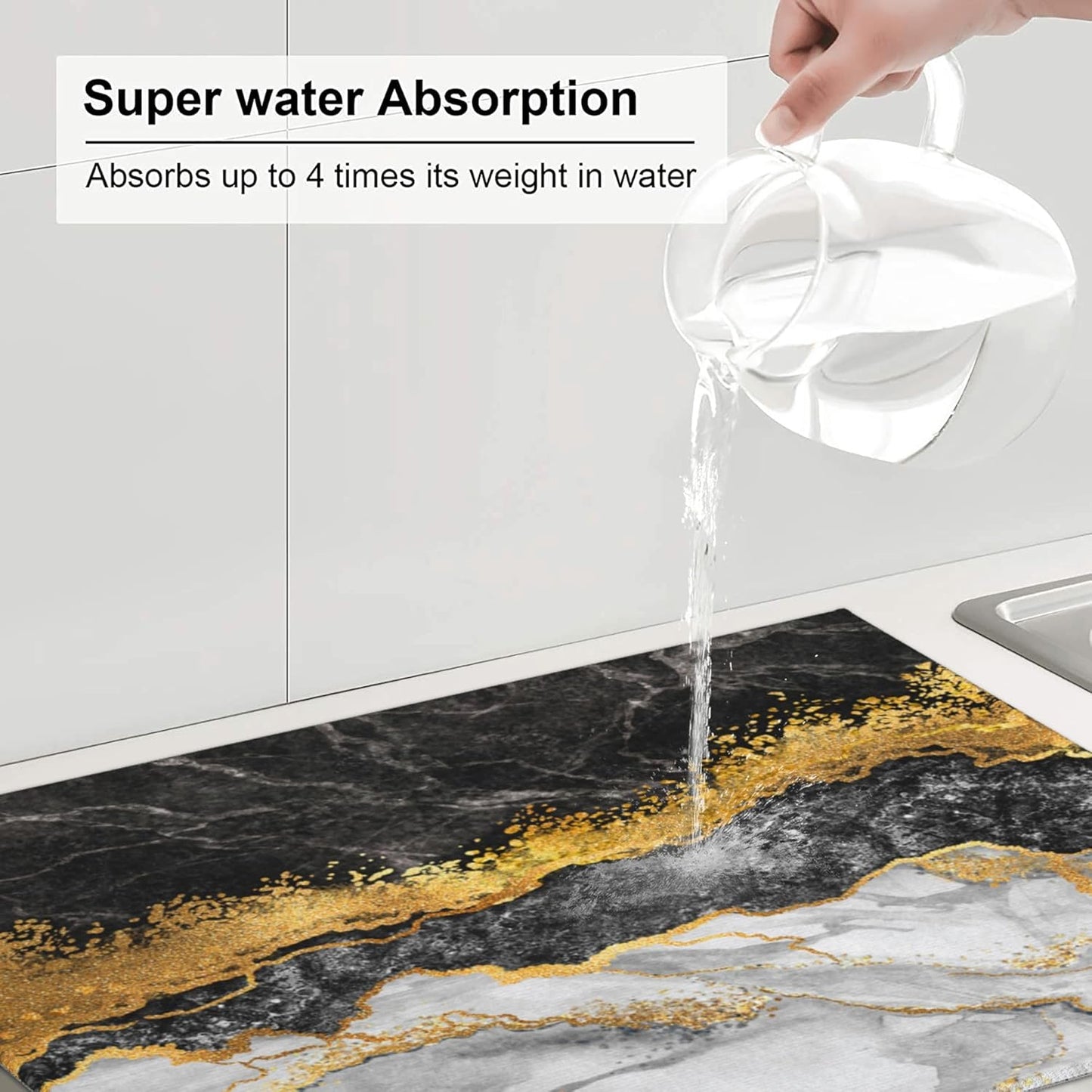 Gold and Black Grey Kitchen Drying Mat Black Gold Marble Decor Microfiber Dish Drainer Mat for Kitchen Counter Absorbent Reusable Washable 18x24 Inch