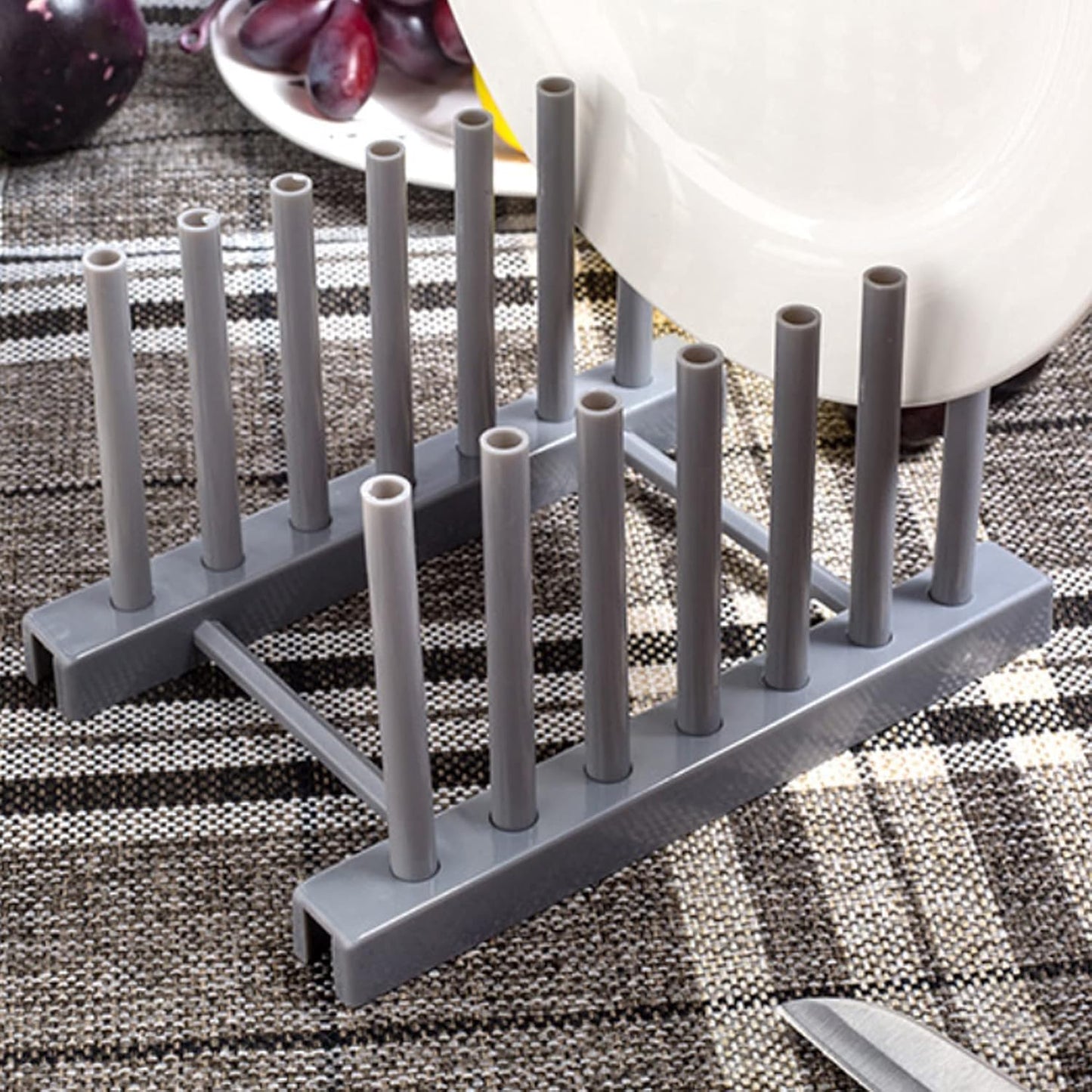 Gray Plate Racks Organizer for Cabinet, 4 Pack Plastic Plate Rack Stand Keep Dry for Dish, Bowl, Cutting Board, Bakeware, Serving Tray and More, Desk Mail Sorter Organizer 6 Slots Removable