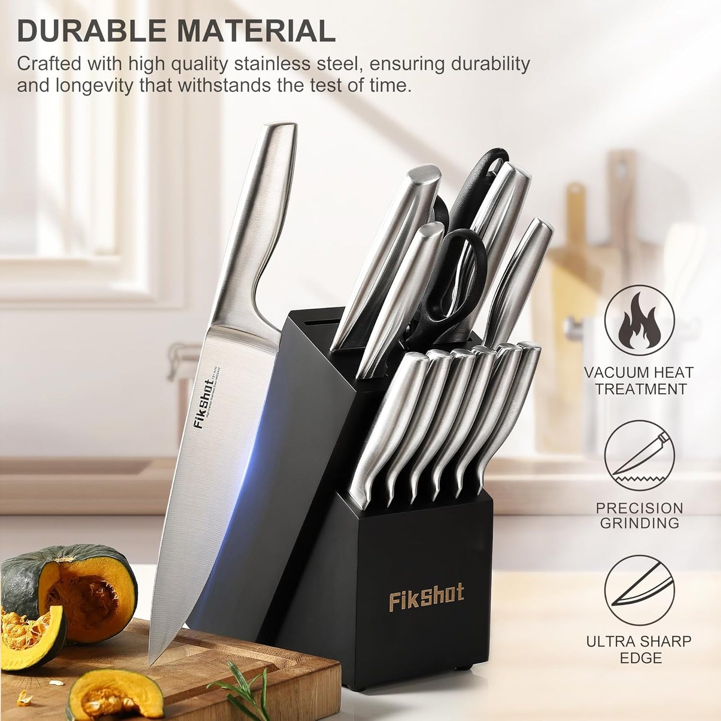 Kitchen Knife Set, FIKSHOT Premium Stainless Steel Knife Block Set, Razor-Sharp Santoku Knife and Fruit Knives, Gift for Homecooks, Rust-Proof, Designed for Women