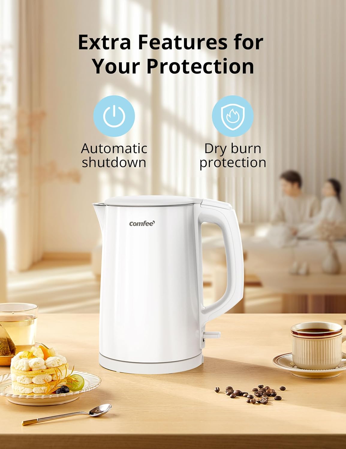 COMFEE' Electric Kettle and Tea Kettle, 1.5L Double Wall, Stainless Steel Interior, Lid & Spout, Fast Boil, Auto-Off, and Boil-Dry Protection, 1500W