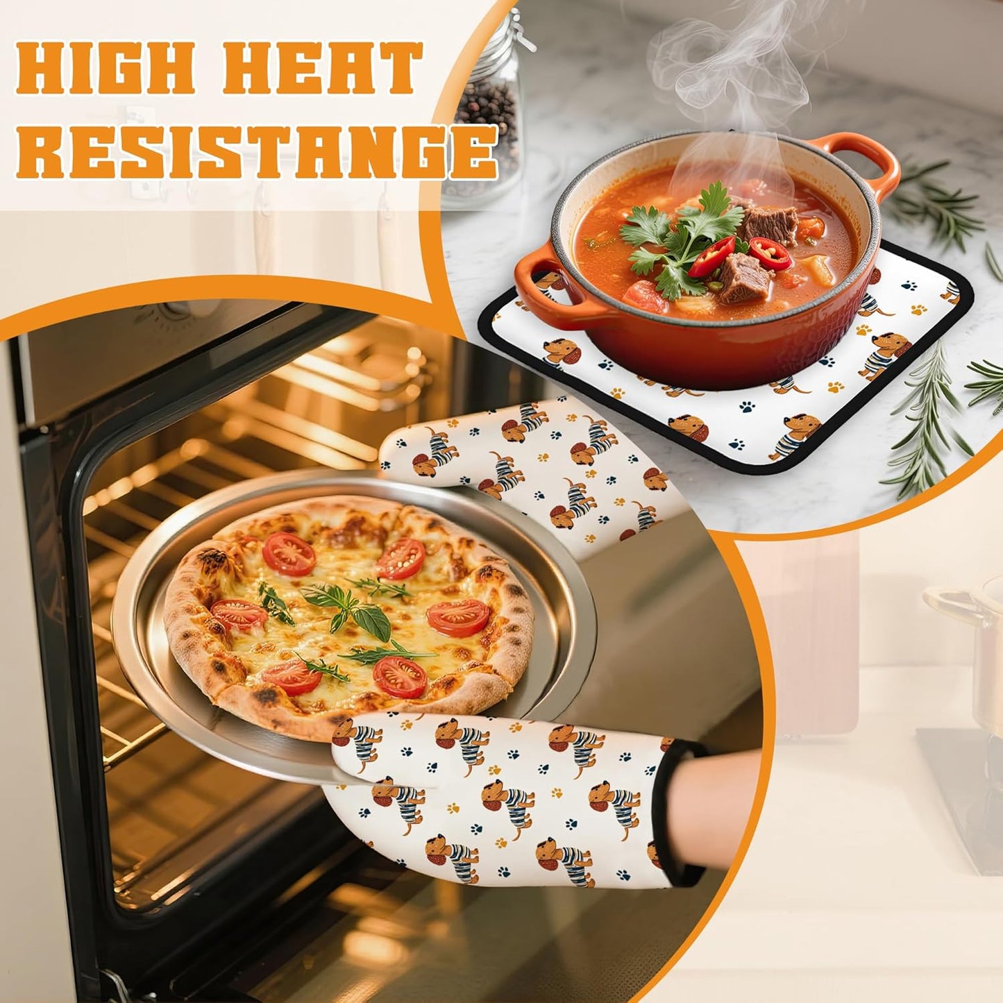 Cute Dachshund Dog Oven Mitts and Pot Holders,Paw Heat Resistant Oven Mitts Gloves and Pot Holder for Home Kitchen Decorations Cooking Baking BBQ Gifts,Set of 4