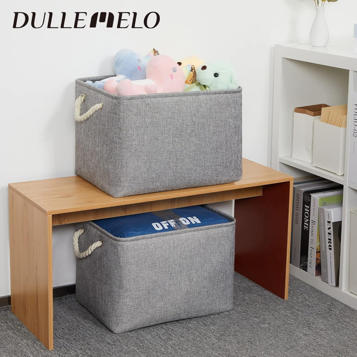 DULLEMELO Fabric Storage Bins 16x12x12 inches, Large Rectangular Storage Baskets 2 Pack, Collapsible Storage Organizer Decorative Storage Boxes for Closet, Toys, Clothes, Home, Office (Grey)