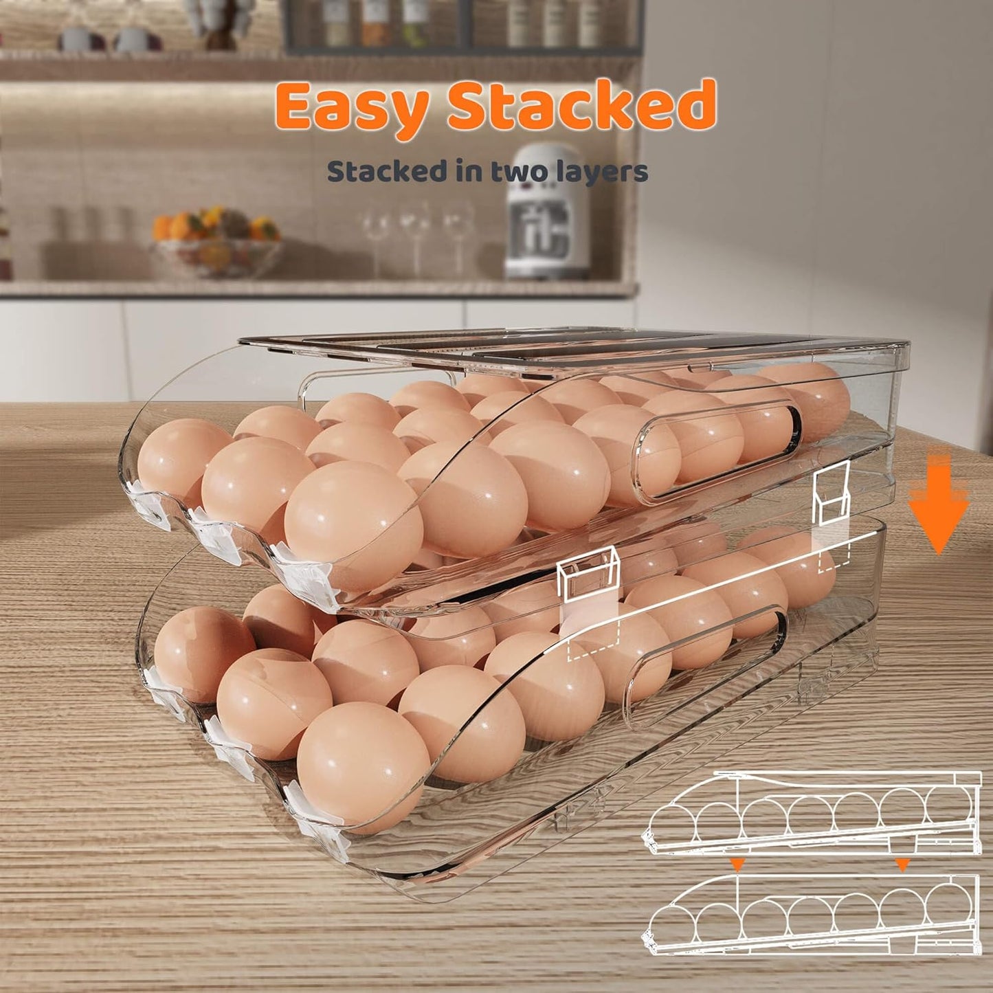 Egg Holder for Fridge, Automatic Steady Rolling Egg Dispenser with Silicone Bumpers & Handle for Refrigerator, Large Capacity Egg Organizer with Lid