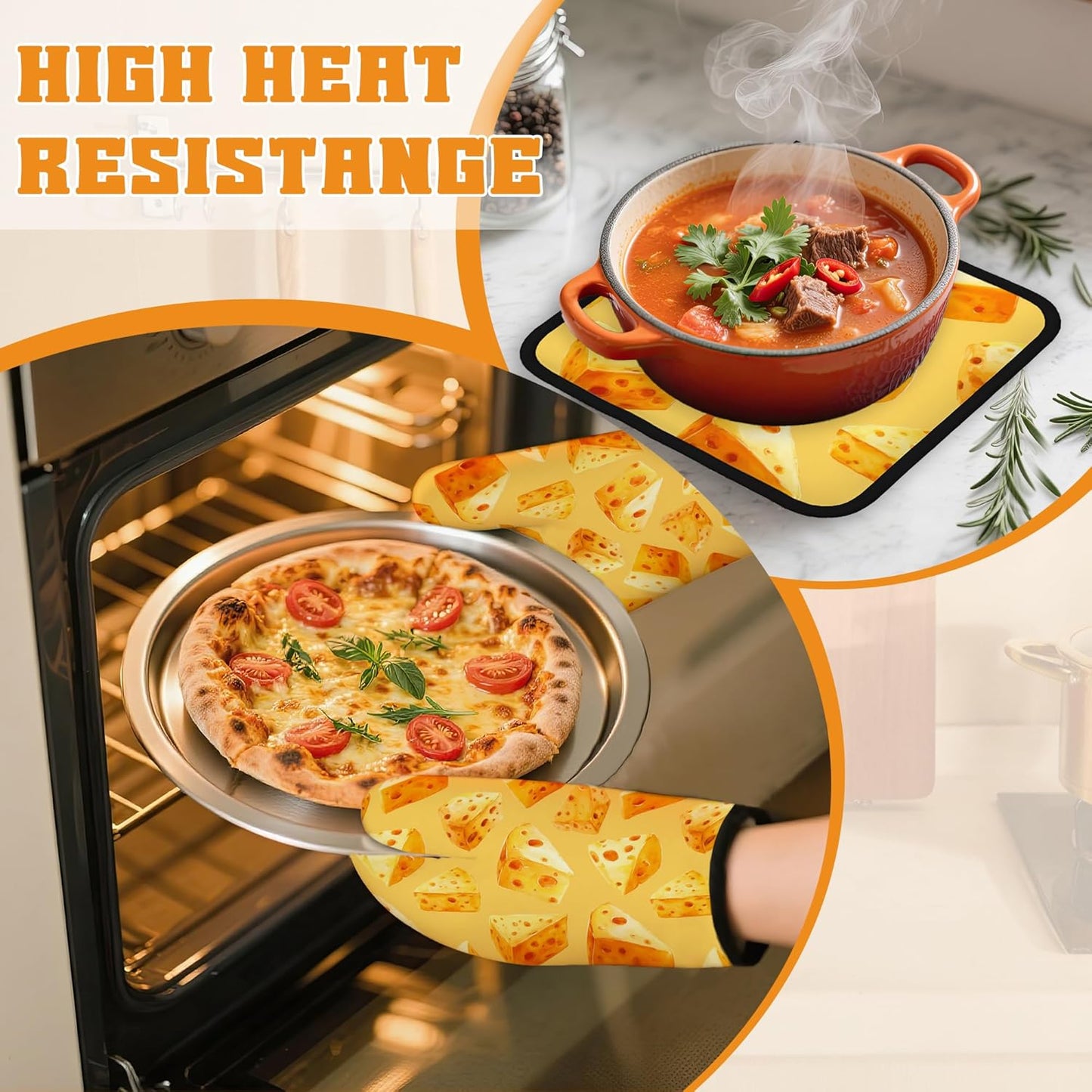Cute Cheese Oven Mitts and Pot Holders Set,Kitchen Oven Gloves and Pot Holder with Heat Resistant Non Slip for Cooking Baking Grilling(4 Piece Set)