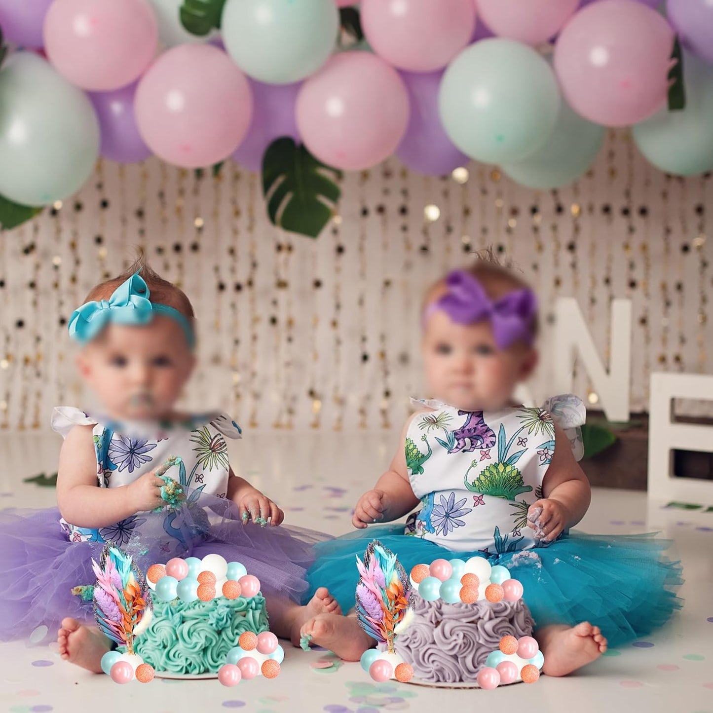 Gyufise 21 Pack Flower Boho Cake Topper Ball Cake Decorations Palm Leaves Plants Cake Decor for Girl Bohemian Princess Theme Wedding Baby Shower Birthday Party Supplies Pink Blue