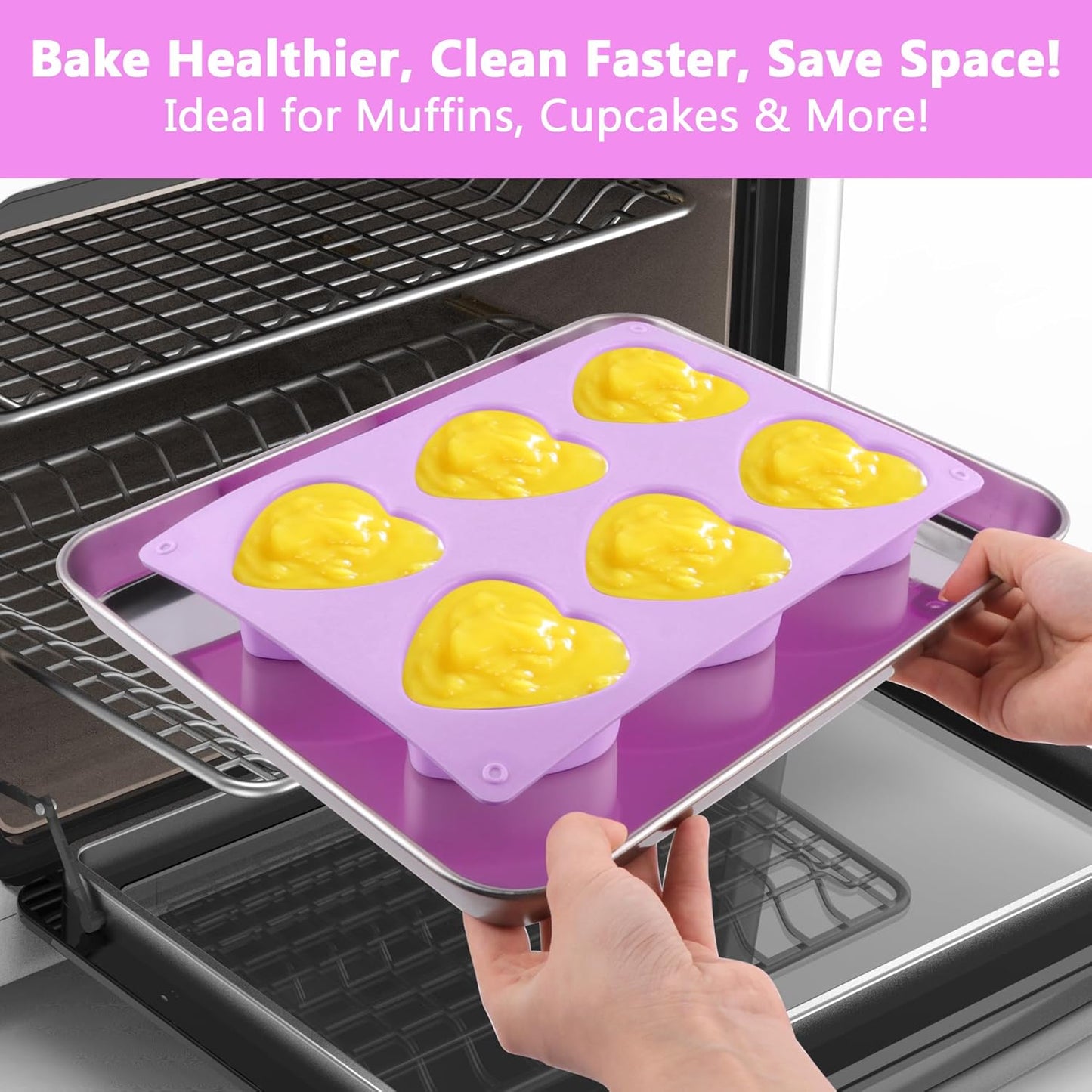 3-Pack 6-Cup Silicone Muffin Pans, Nonstick Cupcake Baking Molds, BPA/PFA-Free, Dishwasher & Oven Safe Heart-shaped Purple