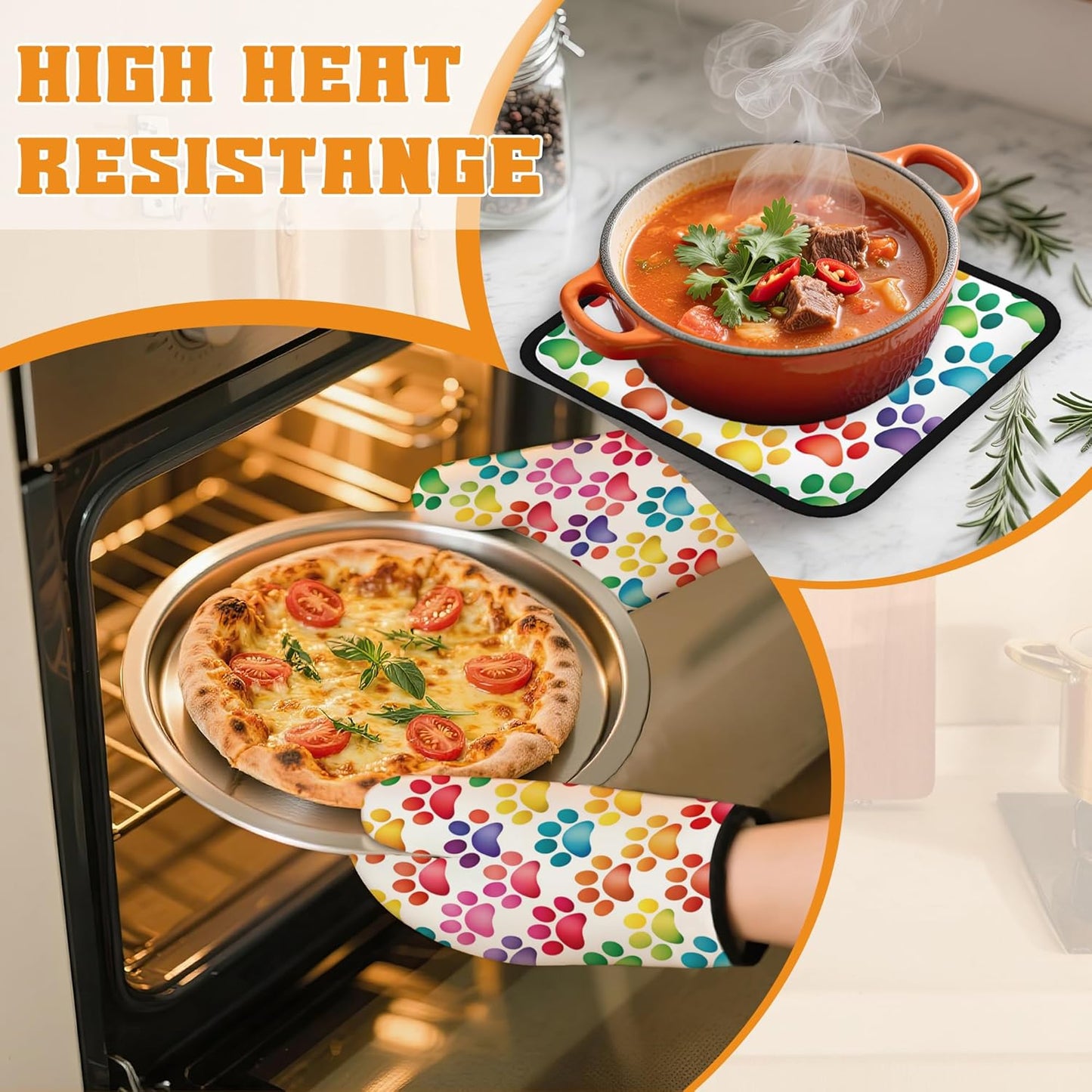 Cat Dog Paw Oven Mitts and Pot Holders Set,Rainbow Kitchen Decor Heat Resistant Non Slip Hot Pads and Oven Mitt for Chef Cooking Baking BBQ Mom Girl Gifts(4 Piece Set)