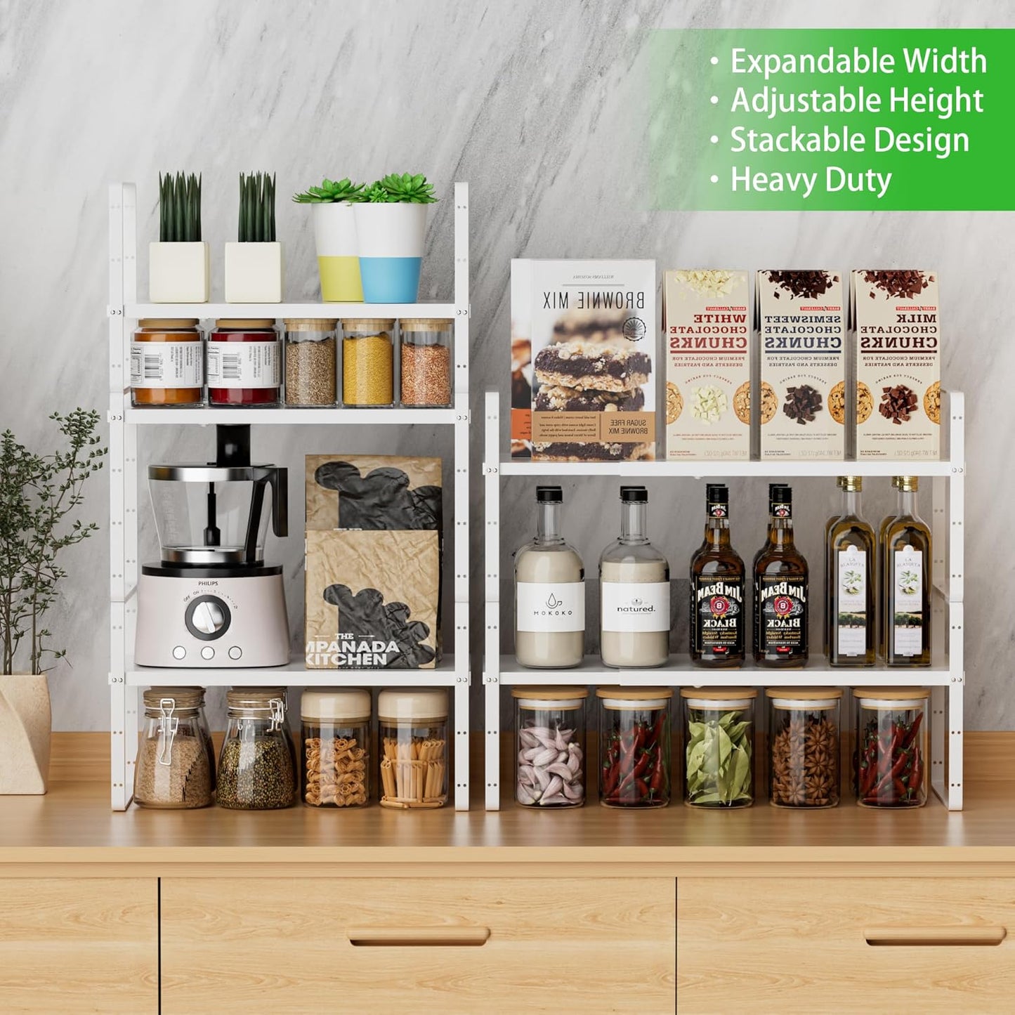 Expandable Cabinet Storage Shelf Stackable Organizer Rack for Kitchen Bathroom Pantry Spice Cupboard Countertop Home Office Desk Heavy Duty Nonslip White Small 1 Pack