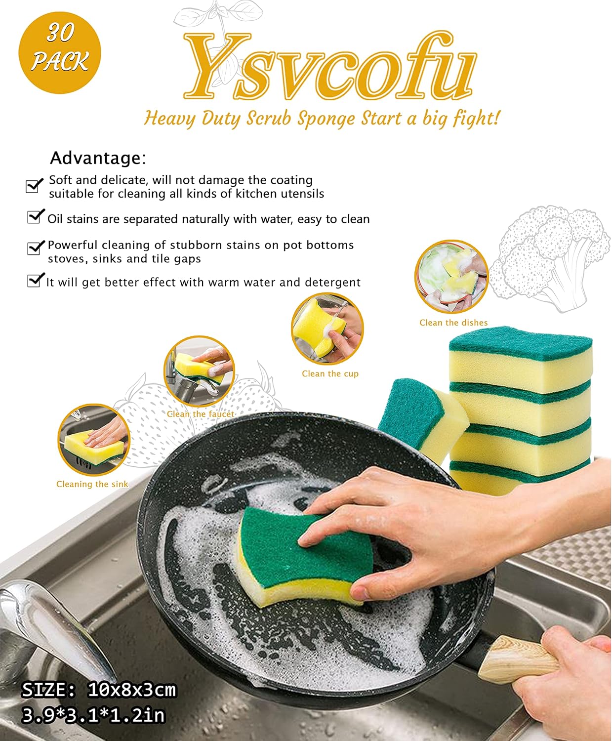 (Pack of 30) Kitchen Sponges Pack,Scrub Daddy sponges,Dish Sponge,Double Face Non-Scratch Scrub Sponge,Super Absorbent Multi-Use Cleaning Sponge,Widely Used in Kitchen, Bathroom, Outdoor