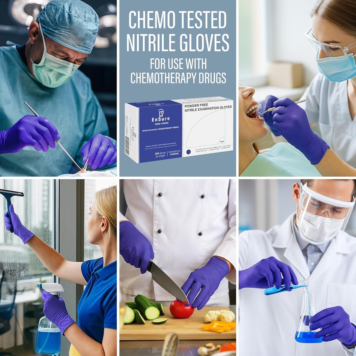 EnSure Nitrile Exam Gloves, Powder-Free, Latex-Free, Chemo Rated, Non-Sterile, Light Duty, Textured Tips, Medical, Surgical, Food Safe, Cleaning, Dental, Lab Use - 3 Mil (Small, 200 Count)