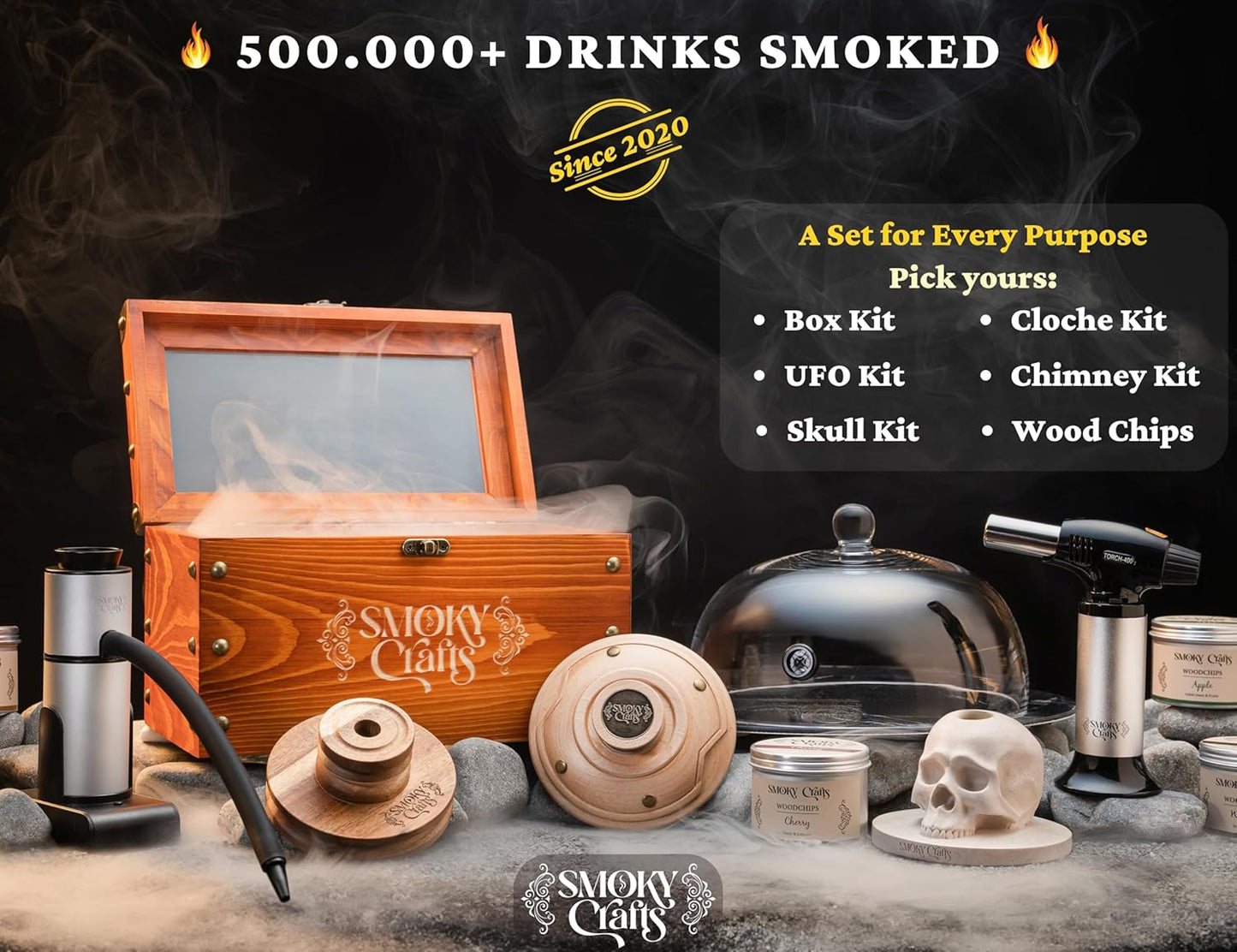 Cocktail Smoker Kit with Torch - Whiskey Smoker Kit comes with Saturn-Shaped Smoke Infuser, Culinary Torch, Cotton Bag and Wood Chips (Apple & Cherry) - Gifts for Men (Without Butane)