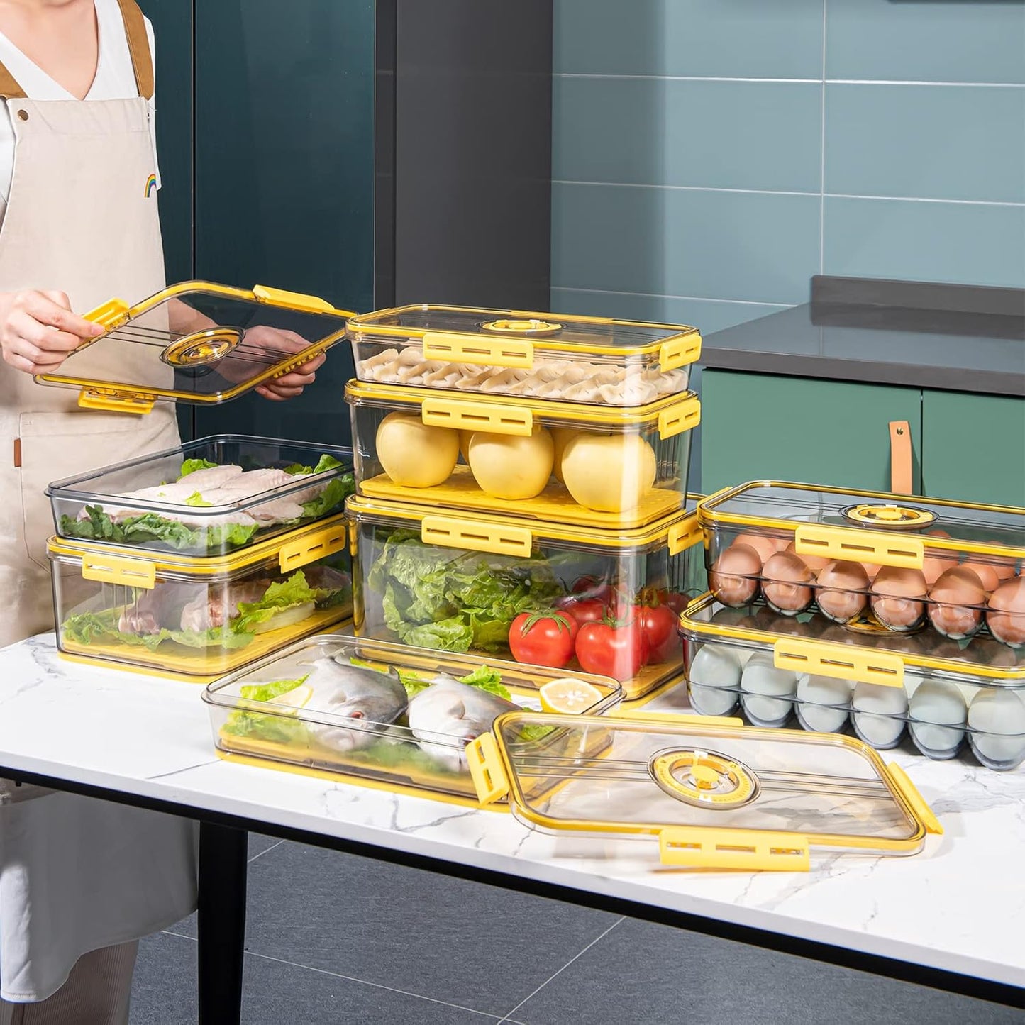 CottonColors Egg Holder for Fridge - 18 Container for Refrigerator, Plastic Organizer, Stackable Storage With Lids for Timer