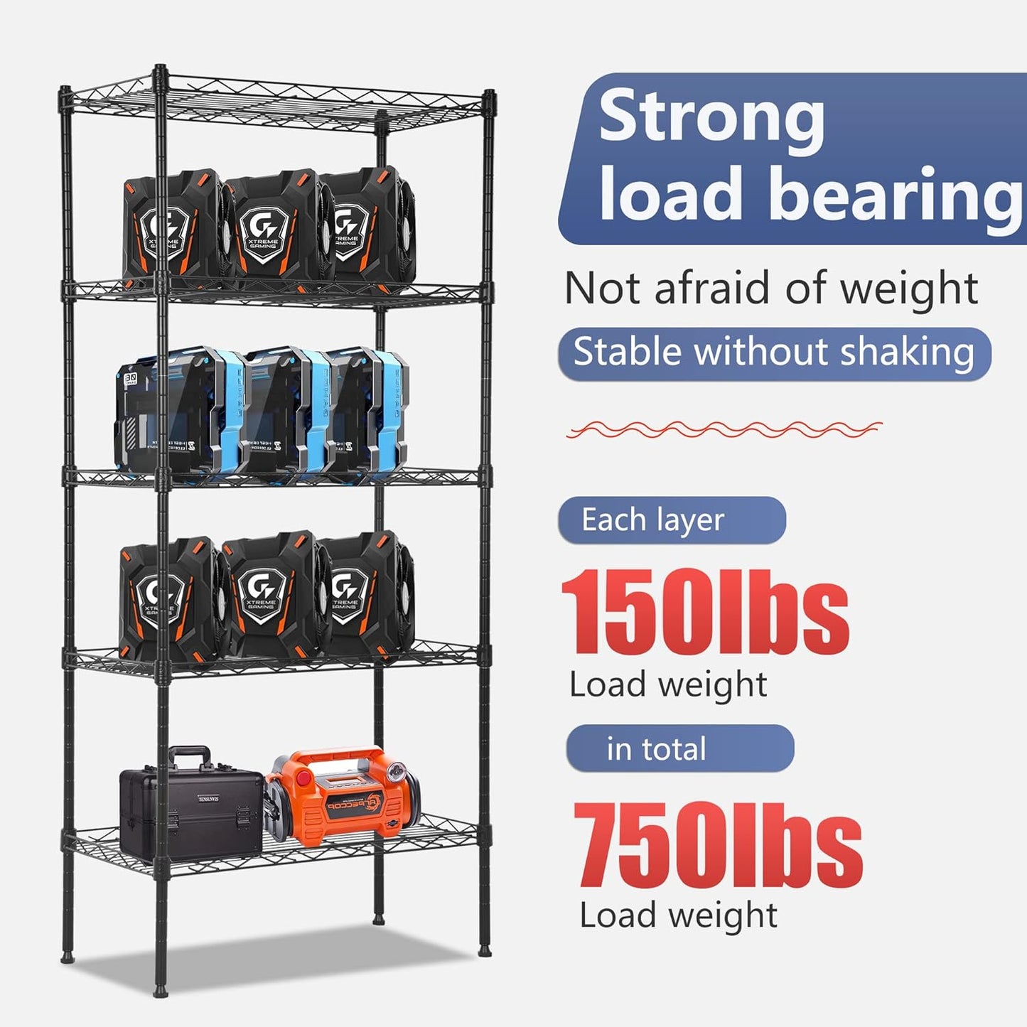 FDW 5 Tier 22L x 12W x 48H Pantry Shelves Adjustable Storage Rack Metal Shelf NSF Shelving Units for Kitchen Garage Small Places Commercial,Black