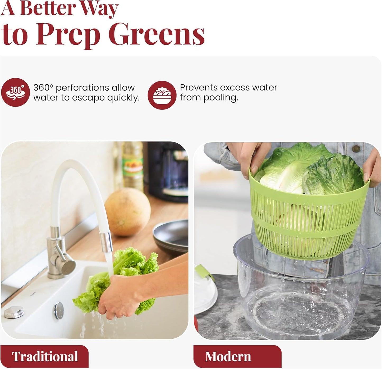 DoubleWave 5L Salad Spinner | Lettuce Spinner with Double Drainage Holes | Easy Fruit Spinner And Strainer for Washing, Spinning & Draining Fruits & Vegetables | BPA-Free & Easy to Clean