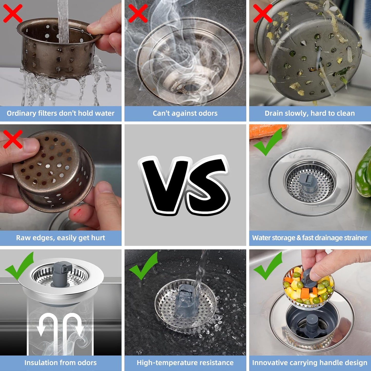 Hibbent Universal 3 in 1 Kitchen Sink Drain Strainer with Sink Stopper, Stainless Steel Wrapped Shell, SUS304 Anti-Clogging Basket Strainer, Fit for US Standard 3-1/2" Drain, Stainless Steel