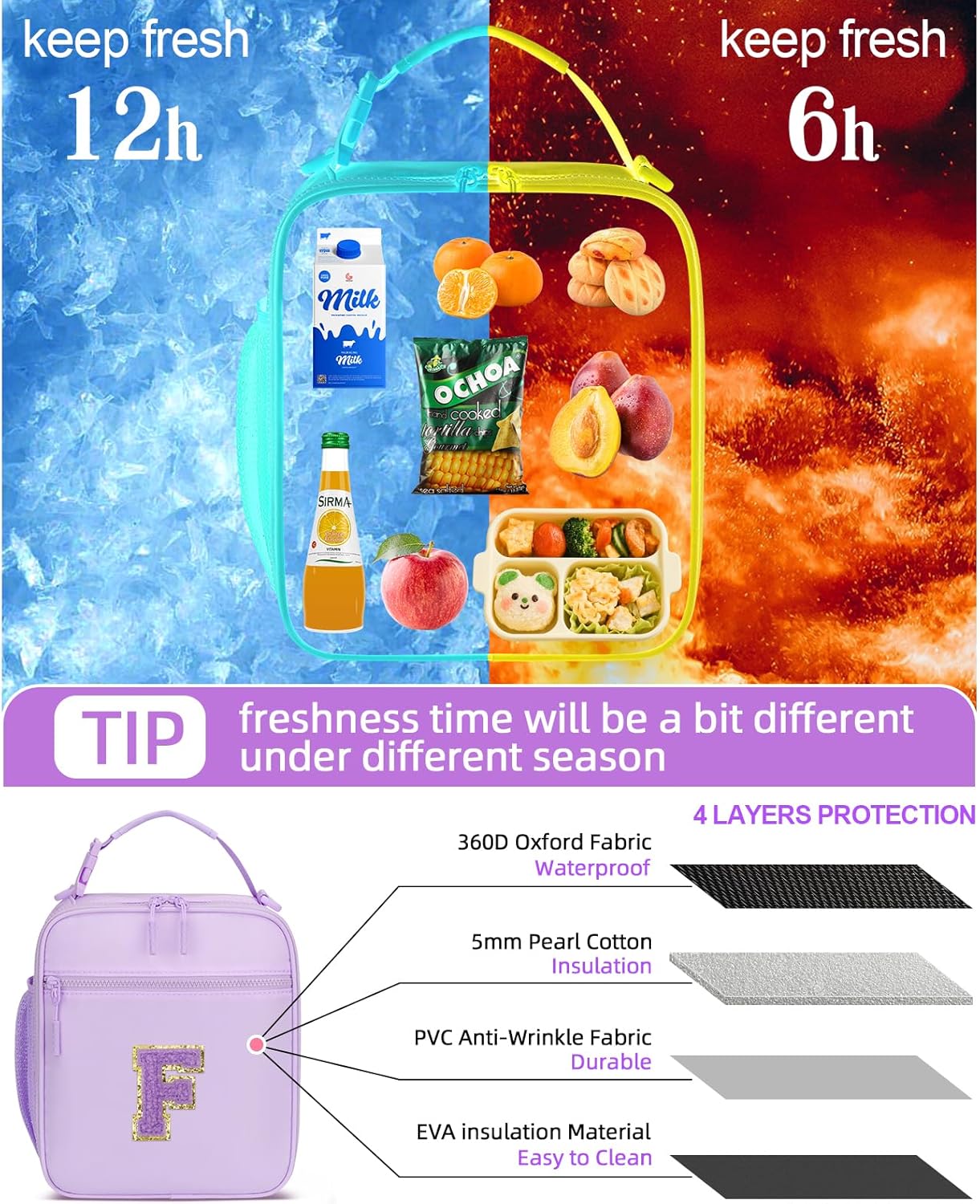 Initial Insulated Lunch Bag for Girls Kids, Back to School Gift, Reusable Leak-proof Lunch Box with Adjustable Strap for School Daycare Travel Picnic (Purple,F)