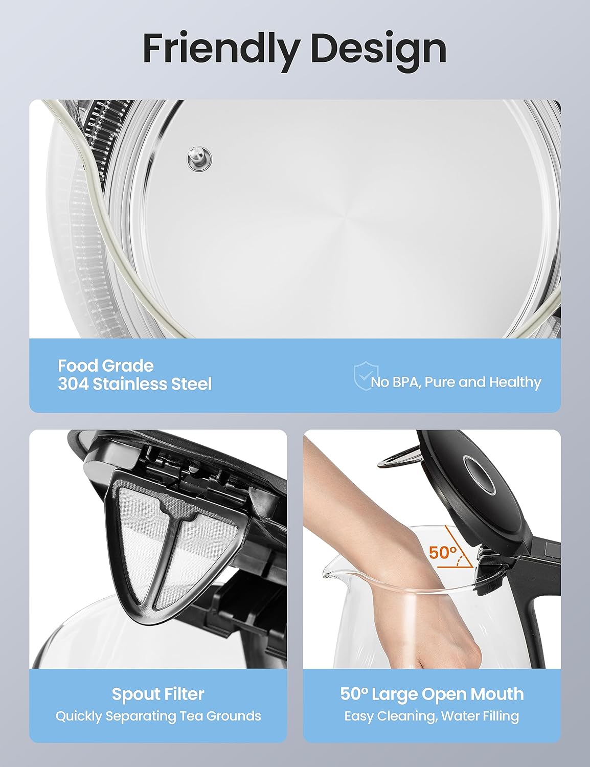 COMFEE' 1.7L Glass Tea Kettle and Kettle Water Boiler - Electric Kettle Temperature Control with 6 Presets, 2-Hr Keep Warm, Fast Heating, 304 Stainless Steel, Auto-Off and Boil-Dry Protection