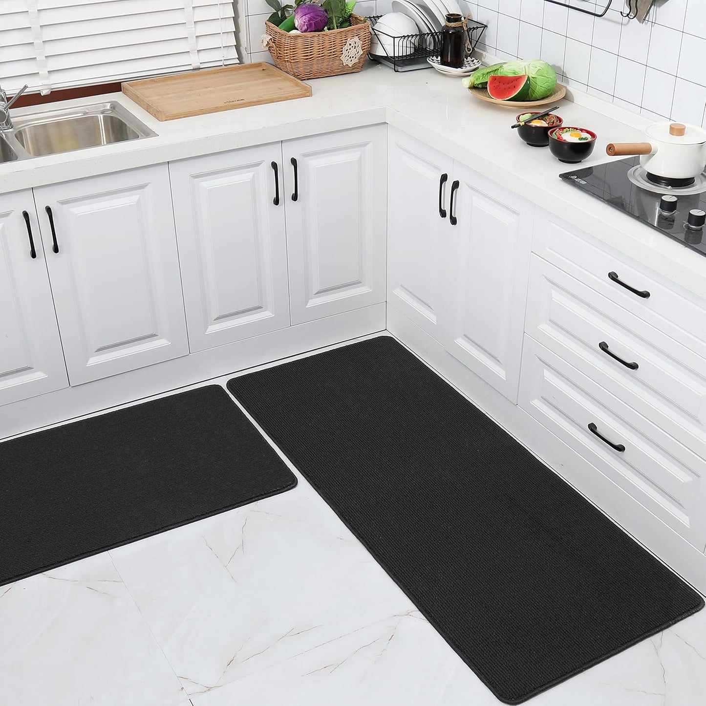 COSY HOMEER 24x35 Inch/24X60 Inch Kitchen Rug Mats Made of 100% Polypropylene Strip TPR Backing 2 Pieces Soft Kitchen Mat Specialized in Anti Slippery and Machine Washable,Black