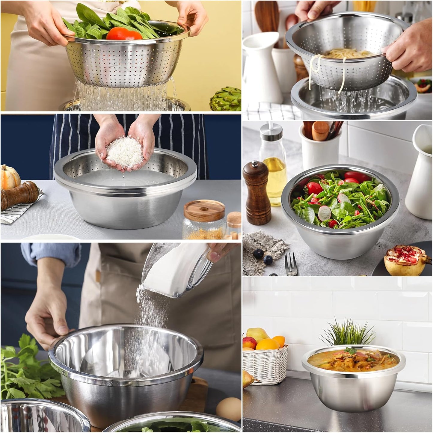 Colander 304 Stainless Steel 4-quart with Mixing Bowls, Strainer for Kitchen Food For washing vegetables, fruit, rice, Dishwasher Safe. (2PC)