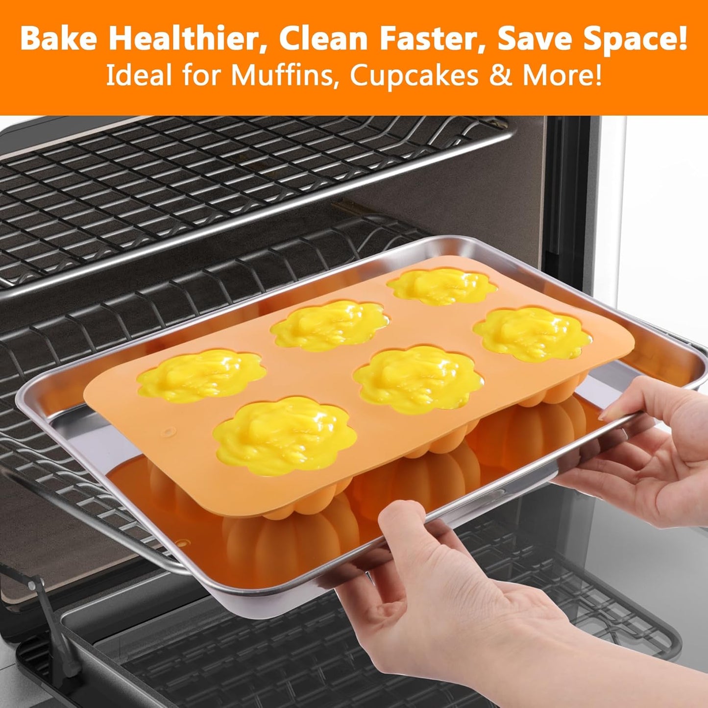 3-Pack 6-Cup Silicone Muffin Pans, Nonstick Cupcake Baking Molds, BPA/PFA-Free, Dishwasher & Oven Safe Pumpkin