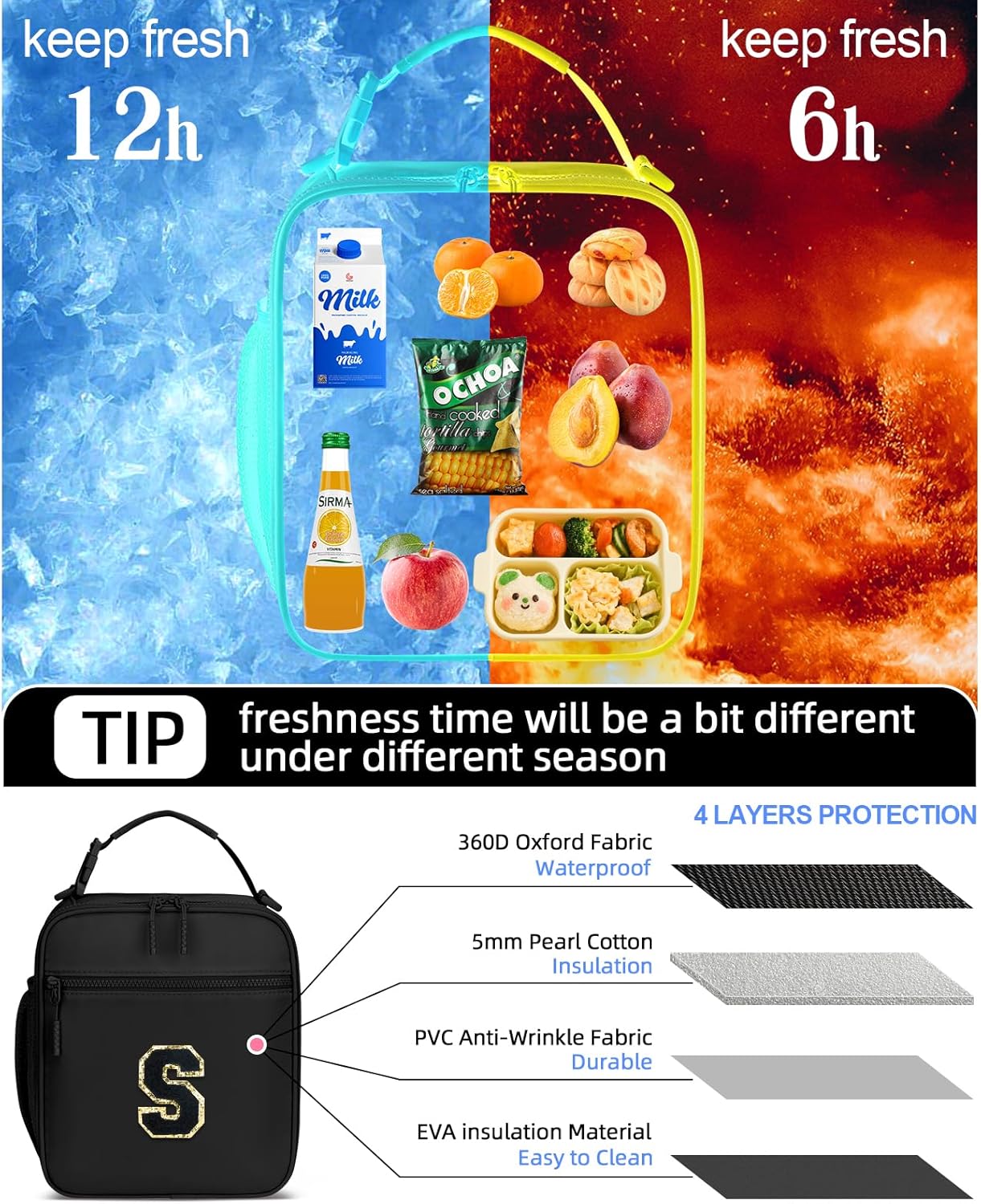 Initial Insulated Lunch Bag for Boys Kids, Back to School Gift, Reusable Leak-proof Lunch Box with Adjustable Strap for School Daycare Travel Picnic(Black,S)