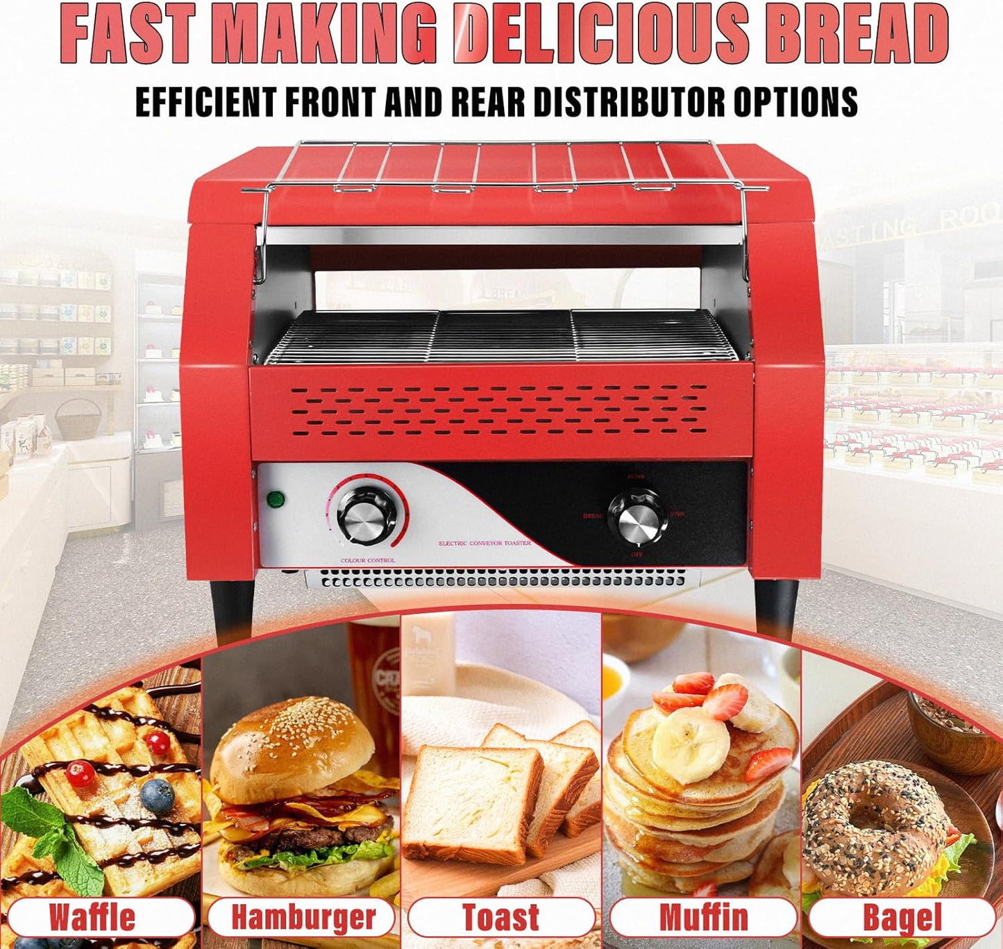 Commercial Conveyor Toaster 450 Slices/Hour Red Conveyor Toaster 3 Modes/7 Speeds Stainless Steel Tabletop Toaster for Toast, Bagels and Other Baked Breads