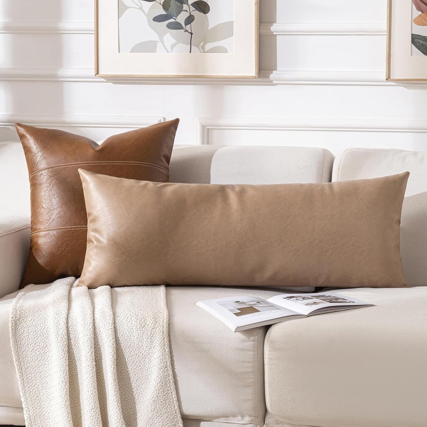 Fancy Homi Tan Boho Long Lumbar Faux Leather Body Decorative Throw Pillow Cover 14x40 Inch for Bedroom Couch Bed Sofa, Stylish Solid Rectangular Beige Pillowcase, Rustic Modern Farmhouse Room Decor